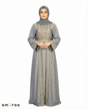 Ebony Regal Gold Embroidered Panel Belted Abaya