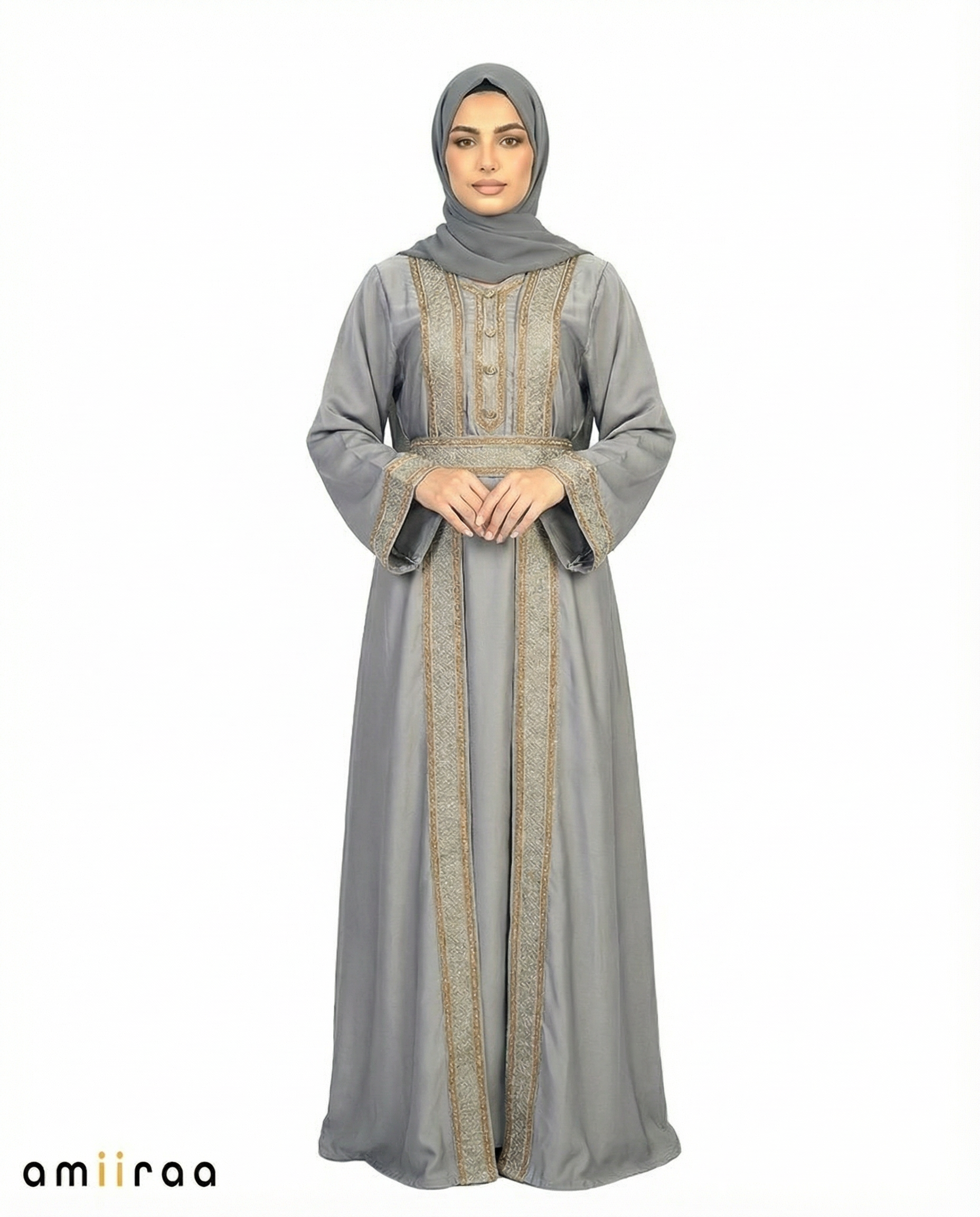Ebony Regal Gold Embroidered Panel Belted Abaya