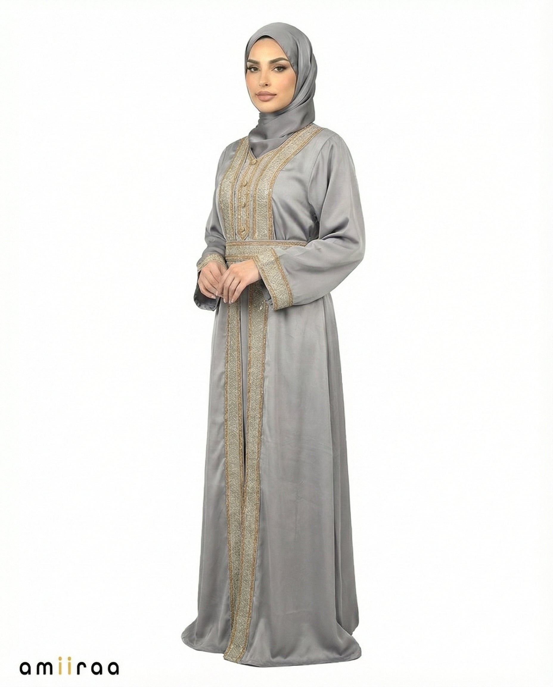 Ebony Regal Gold Embroidered Panel Belted Abaya