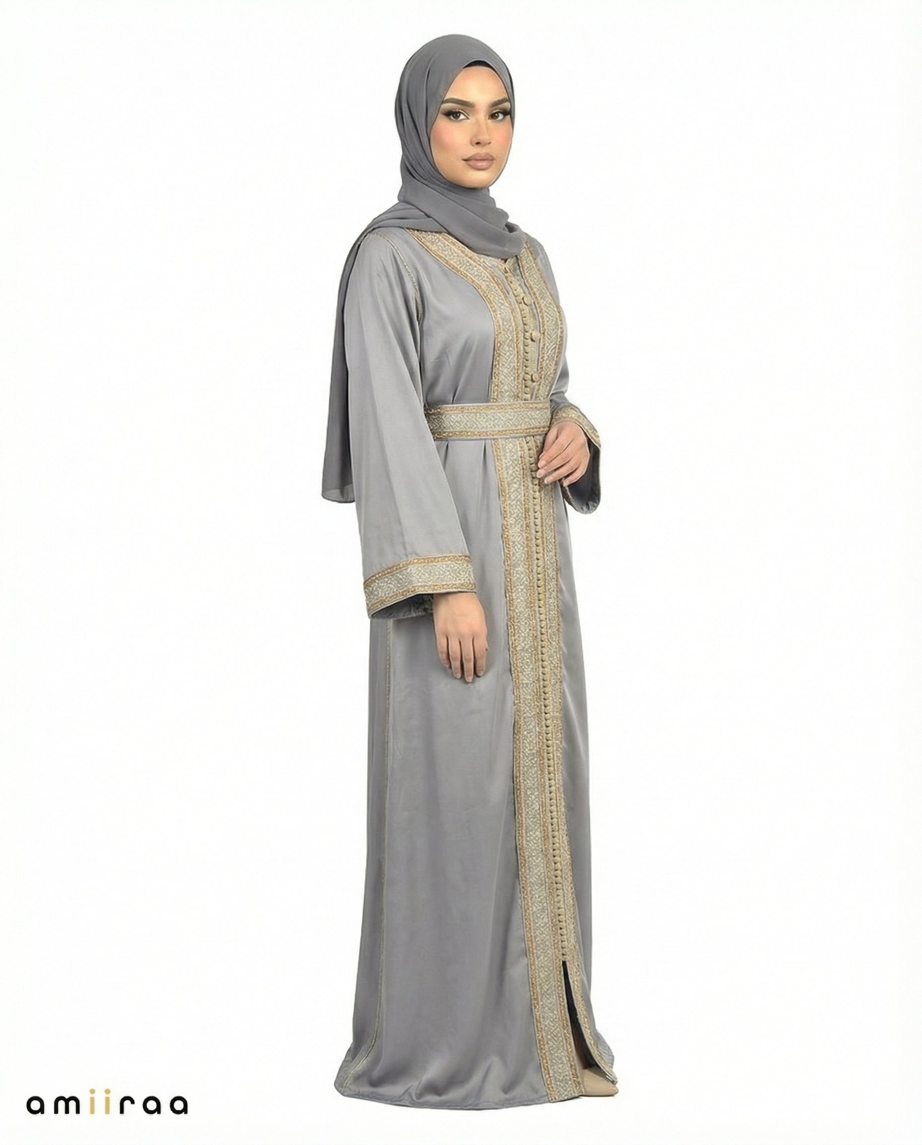 Ebony Regal Gold Embroidered Panel Belted Abaya