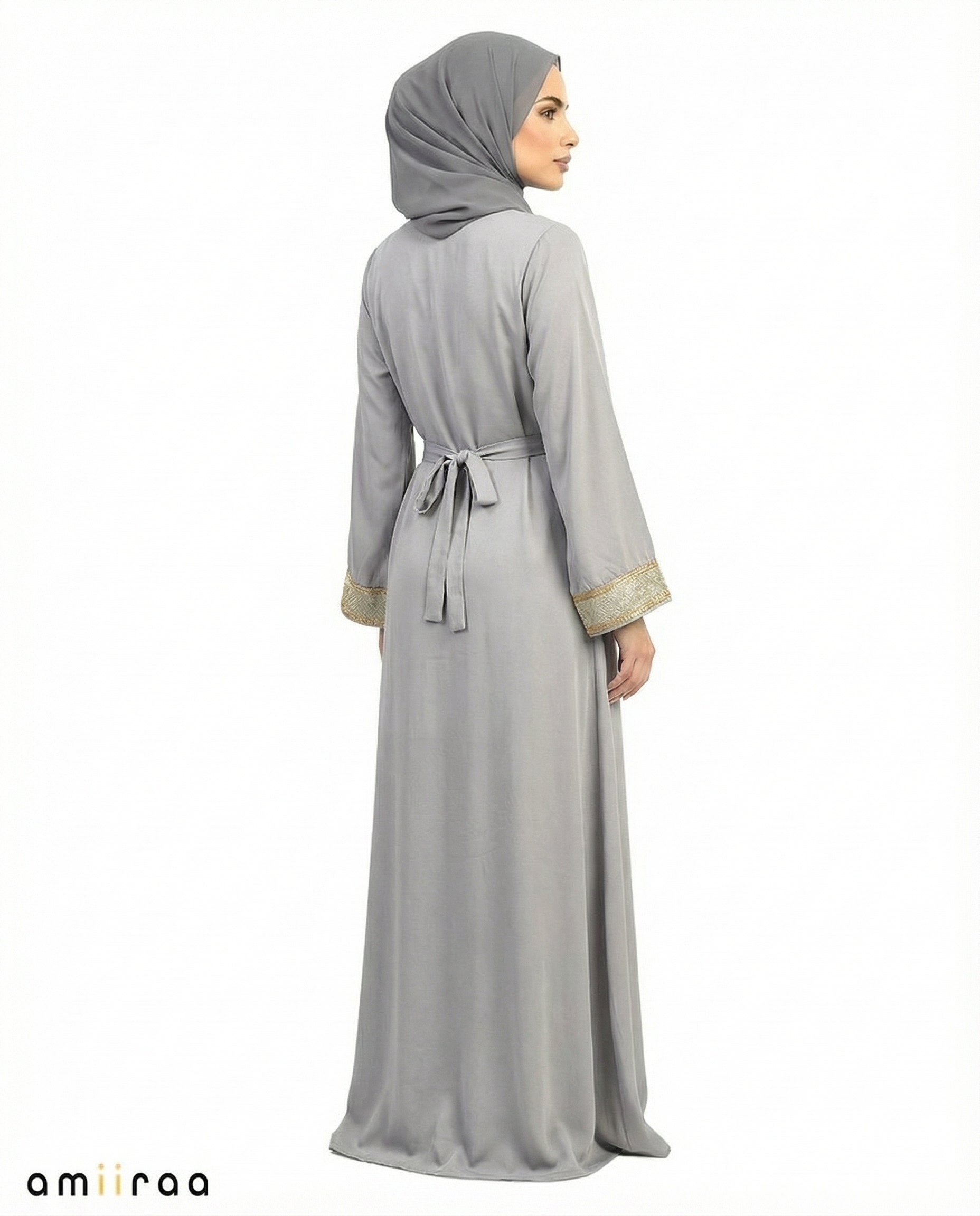 Ebony Regal Gold Embroidered Panel Belted Abaya