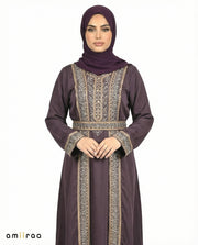Catawba Grape Regal Gold Embroidered Panel Belted Abaya