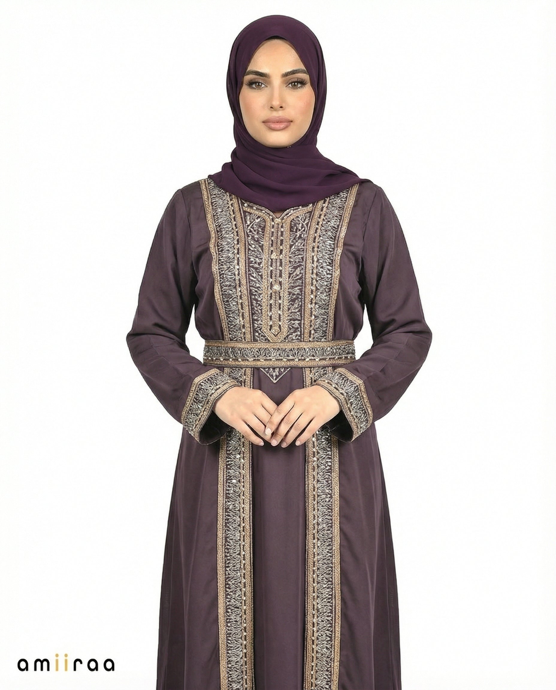 Catawba Grape Regal Gold Embroidered Panel Belted Abaya