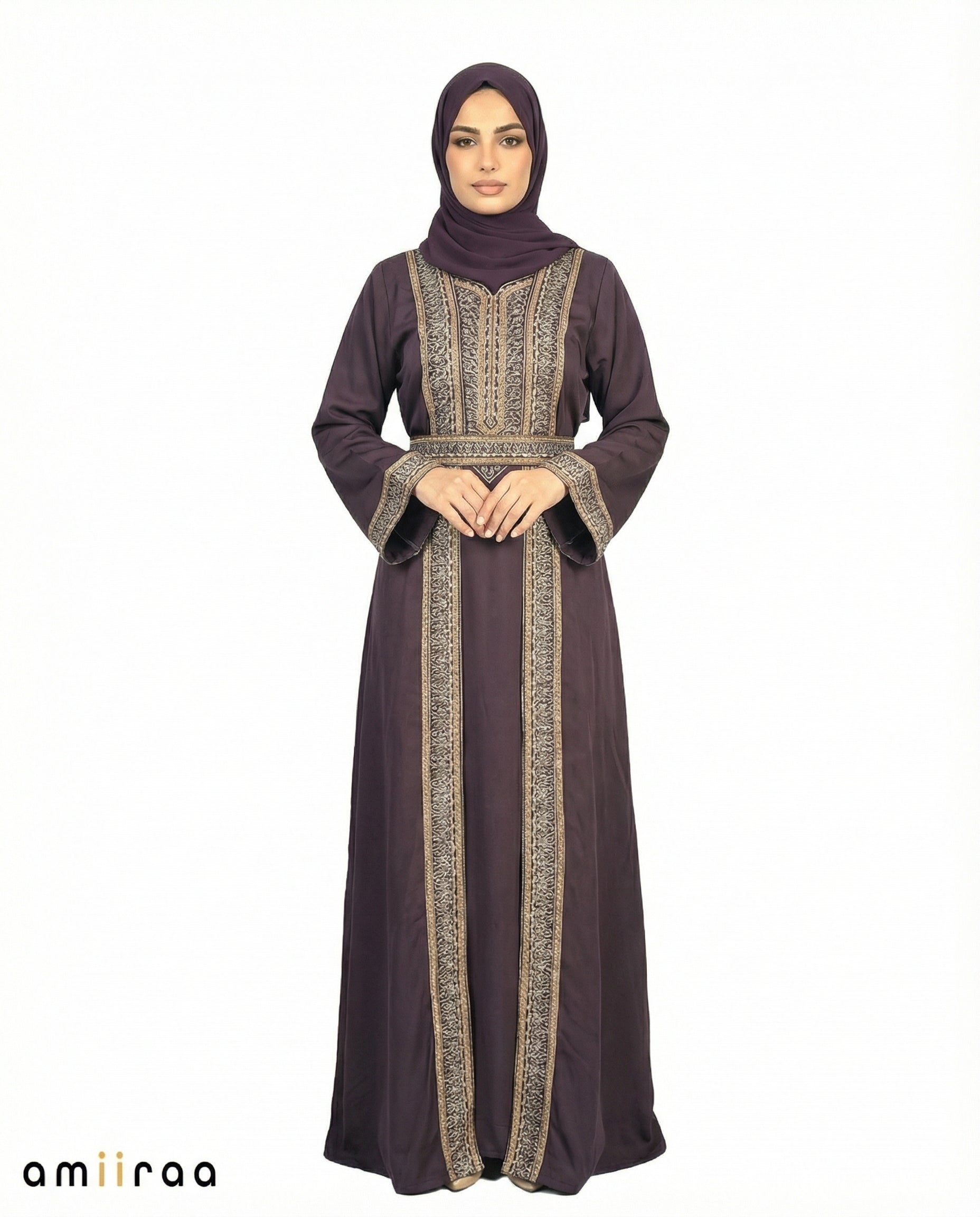 Catawba Grape Regal Gold Embroidered Panel Belted Abaya