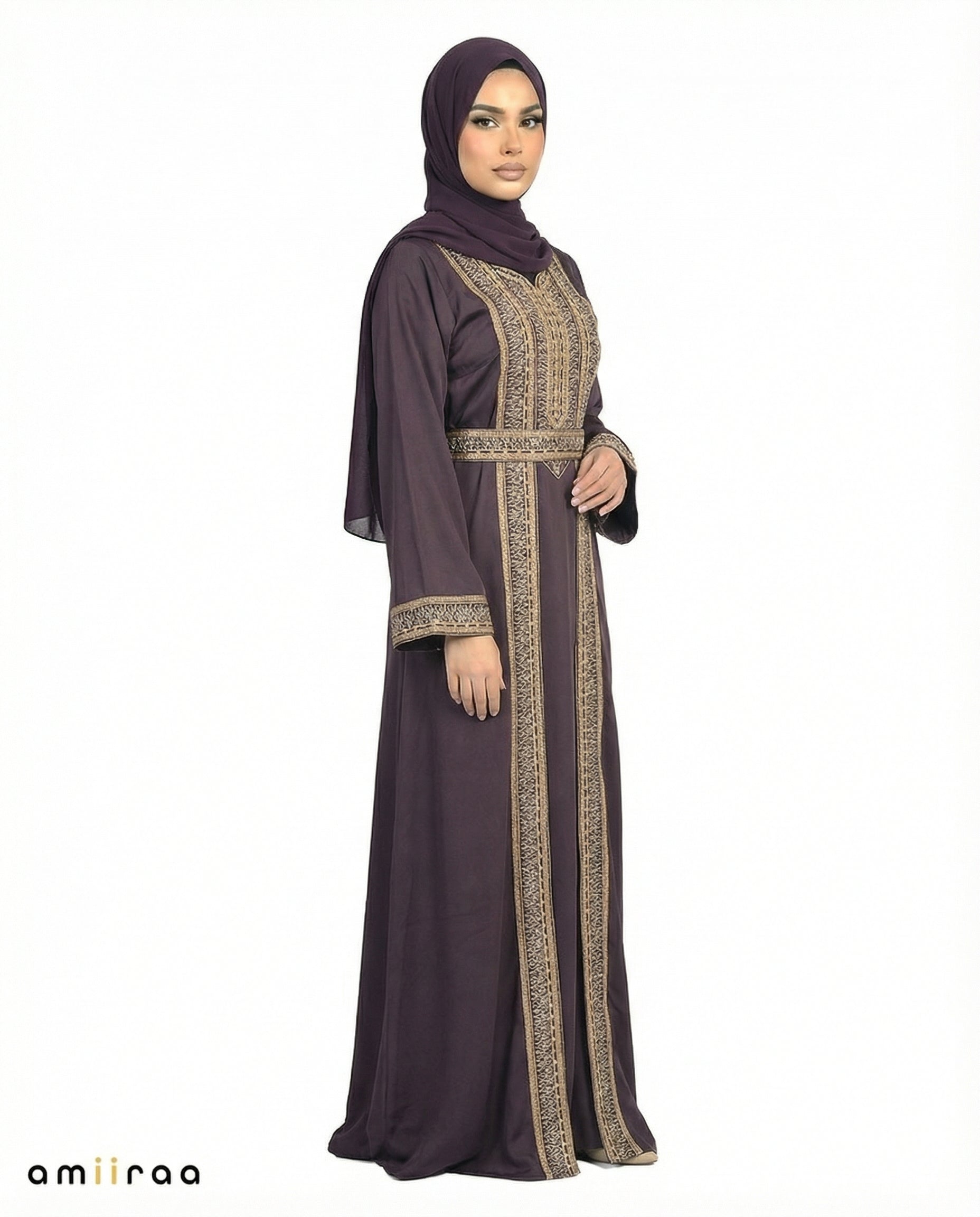 Catawba Grape Regal Gold Embroidered Panel Belted Abaya