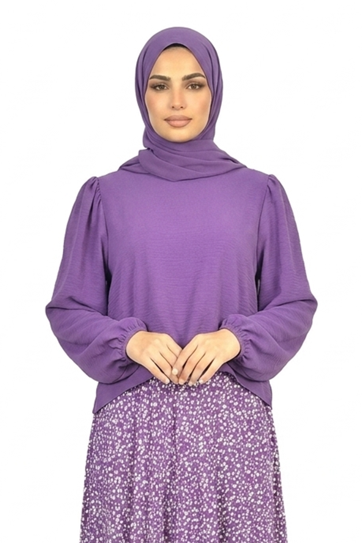 Deep Lavender Elegant Floral Maxi Skirt & Puff Sleeve Top Set