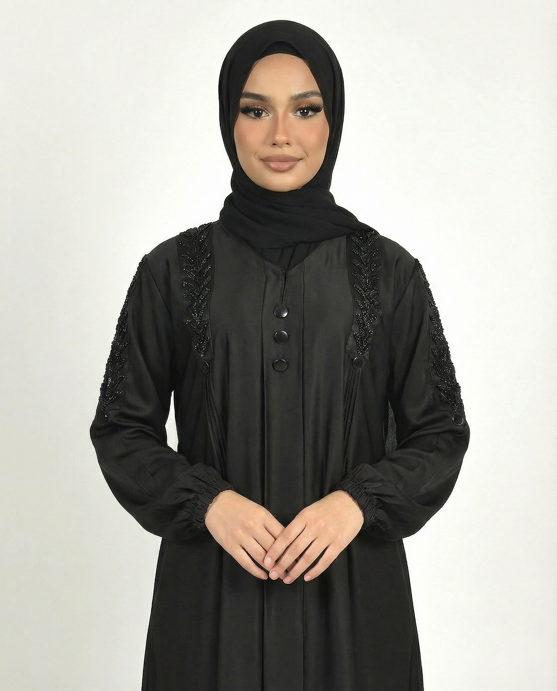 Button Detail Modest Abaya with Braided Trim - Tap Shoe