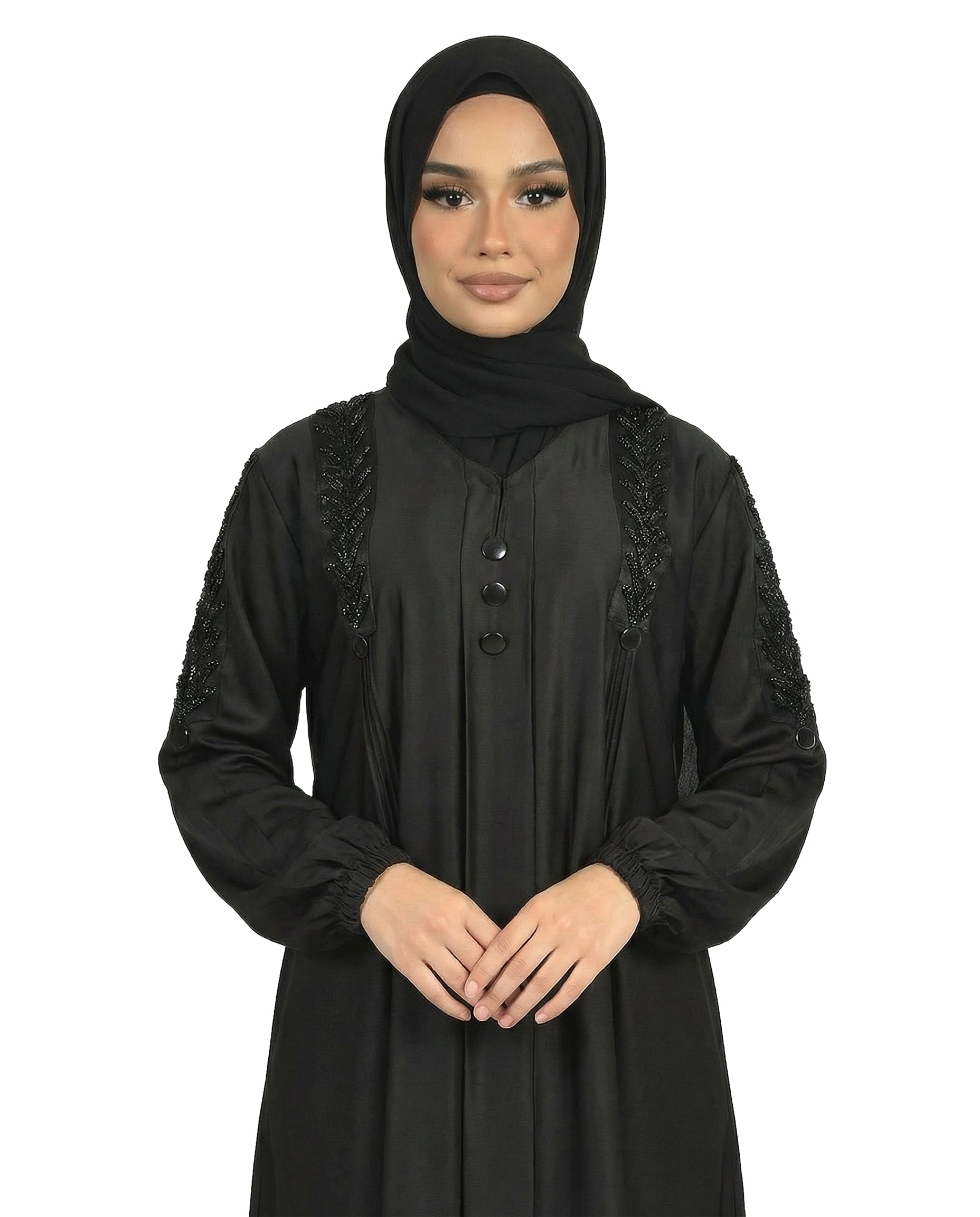 Button Detail Modest Abaya with Braided Trim - Tap Shoe