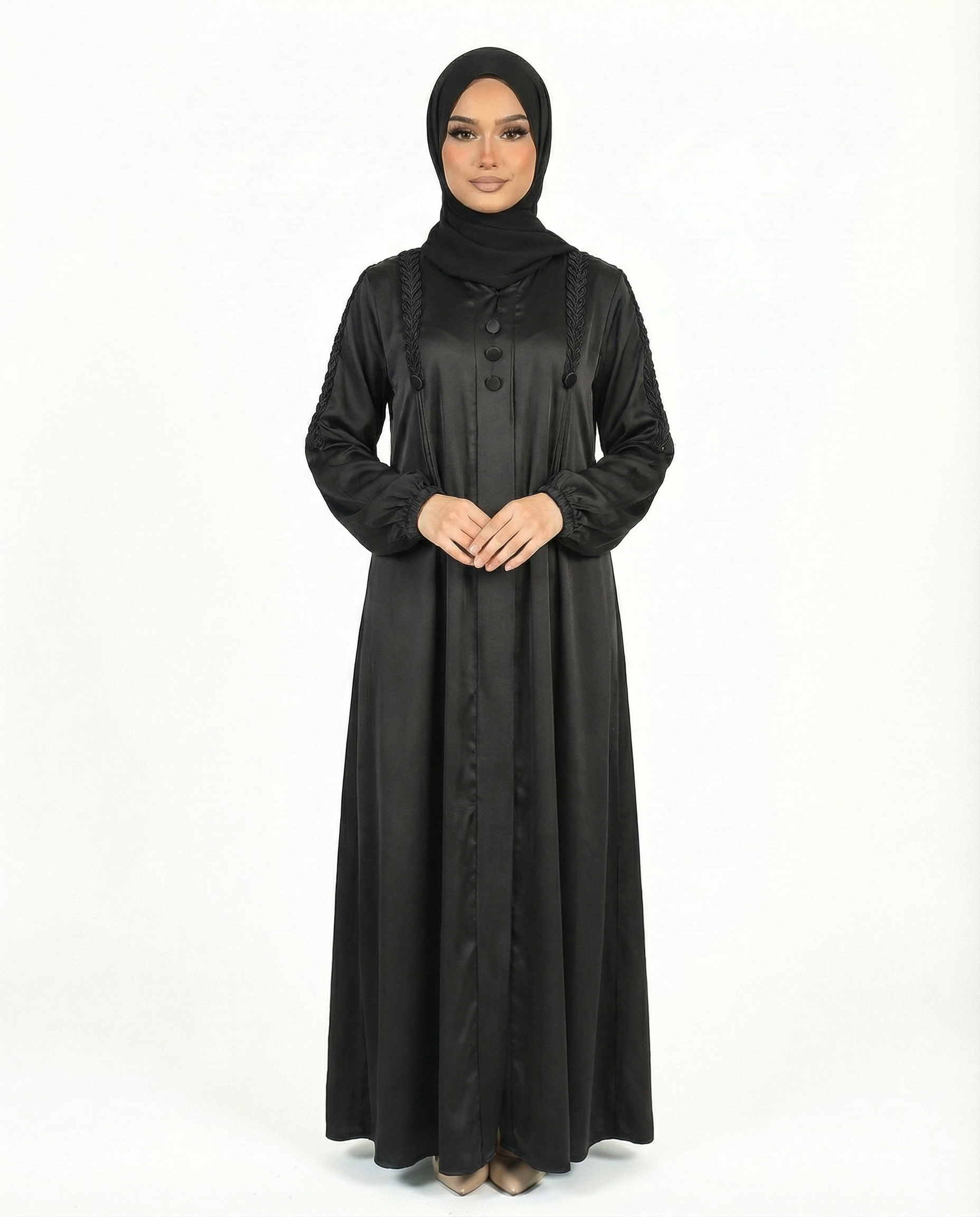 Button Detail Modest Abaya with Braided Trim - Tap Shoe