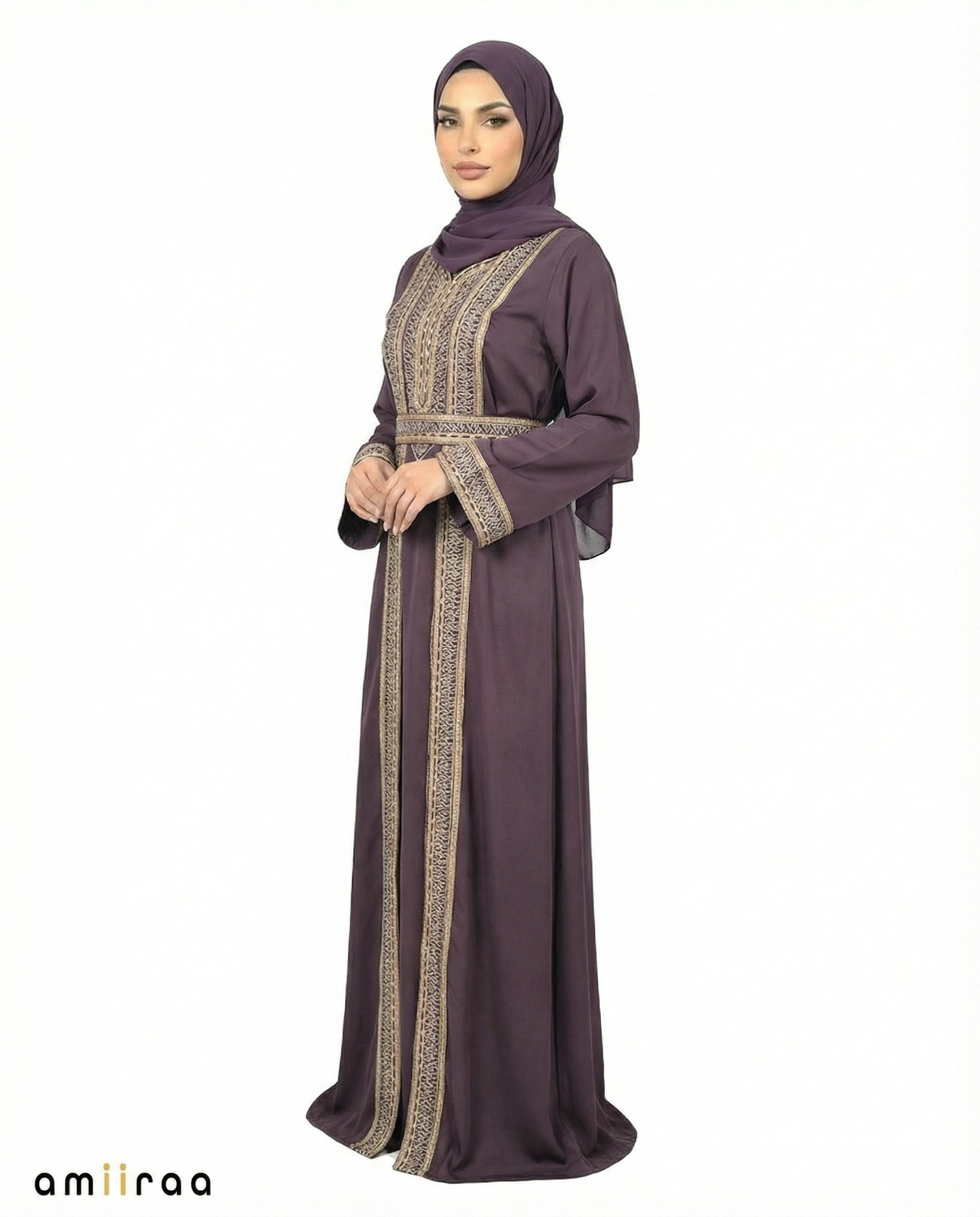 Catawba Grape Regal Gold Embroidered Panel Belted Abaya