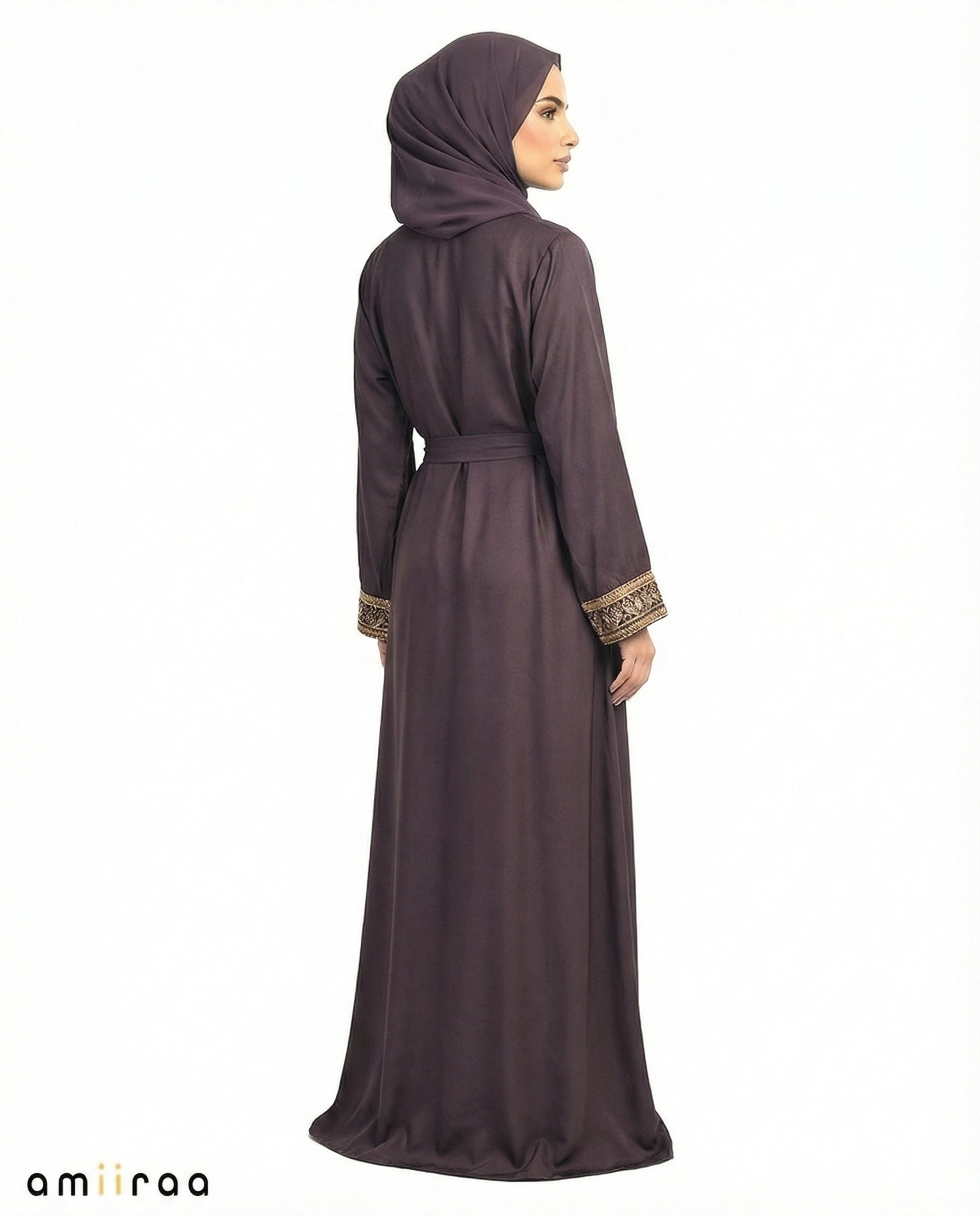 Catawba Grape Regal Gold Embroidered Panel Belted Abaya