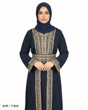 Navy Blazer Regal Gold Embroidered Panel Belted Abaya