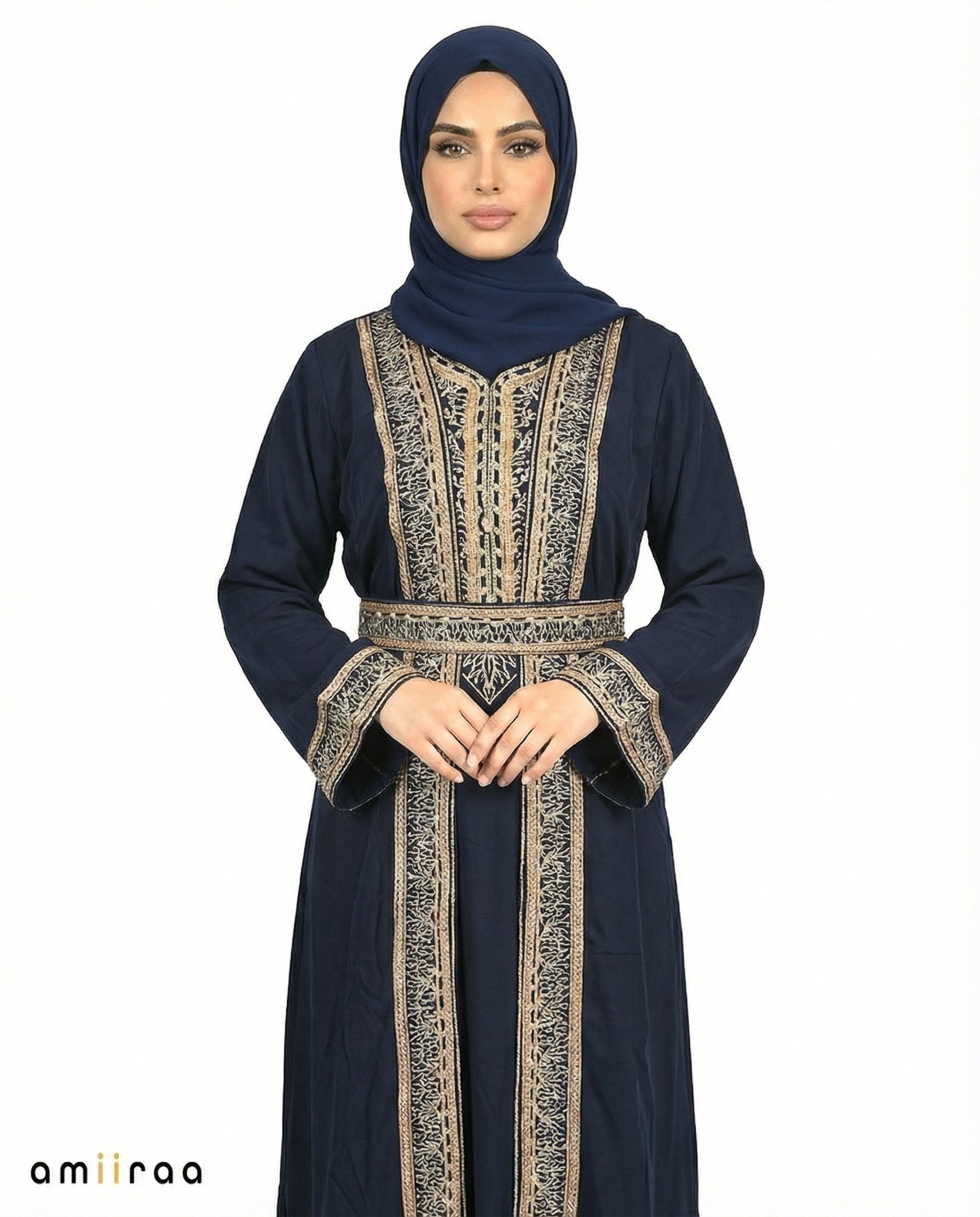 Navy Blazer Regal Gold Embroidered Panel Belted Abaya