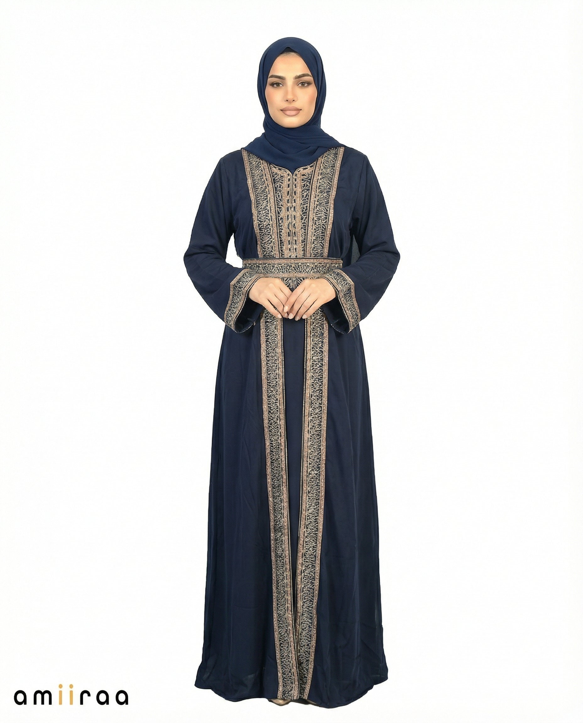 Navy Blazer Regal Gold Embroidered Panel Belted Abaya