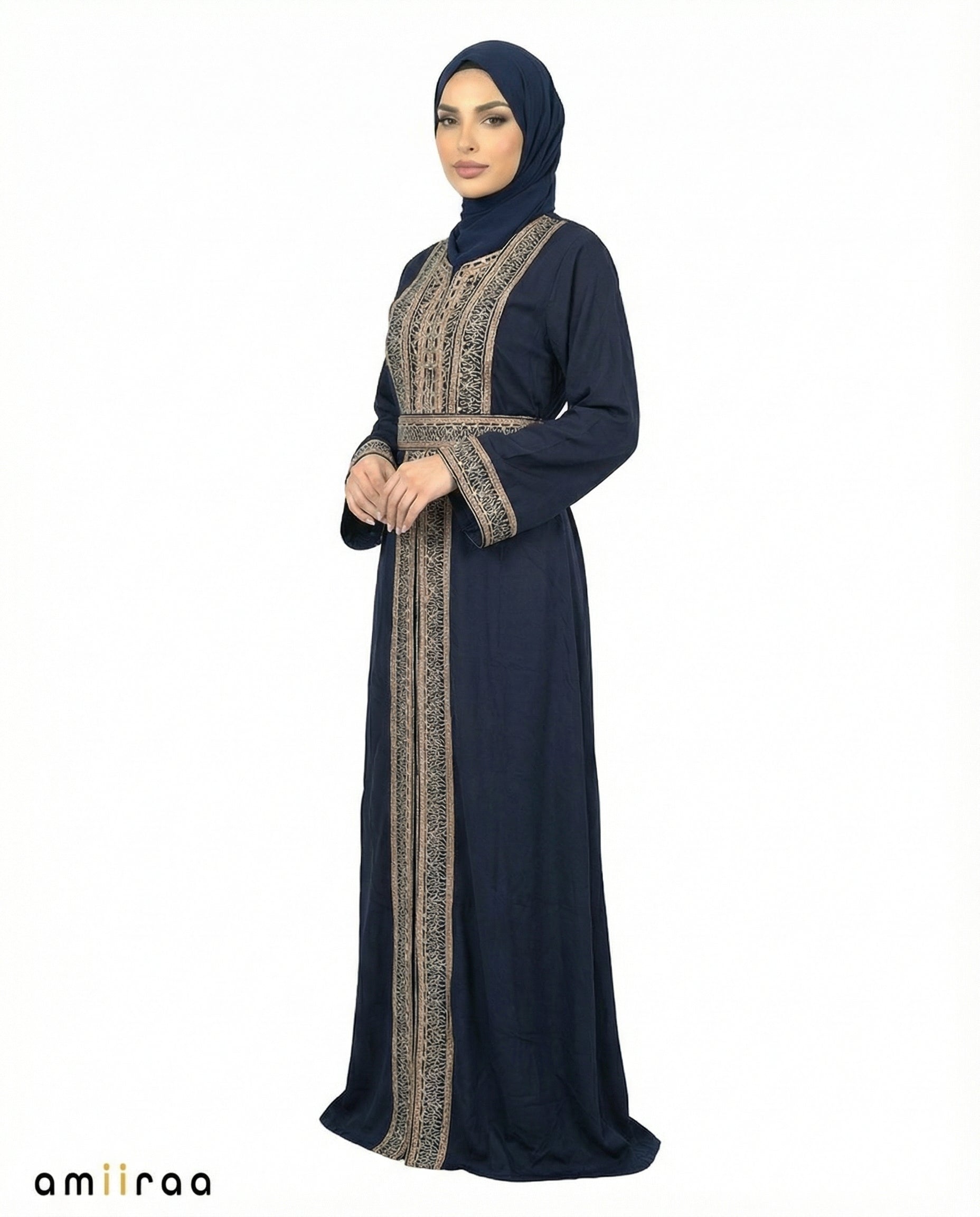 Navy Blazer Regal Gold Embroidered Panel Belted Abaya