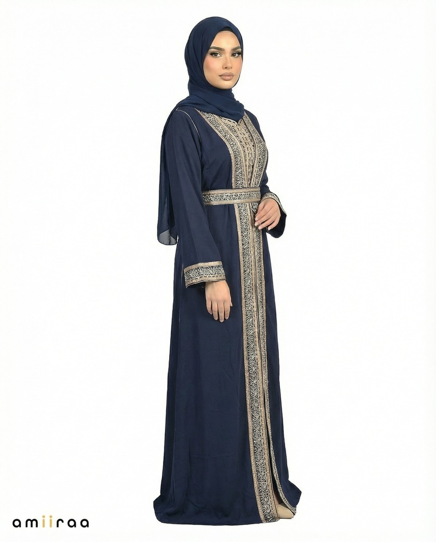 Navy Blazer Regal Gold Embroidered Panel Belted Abaya