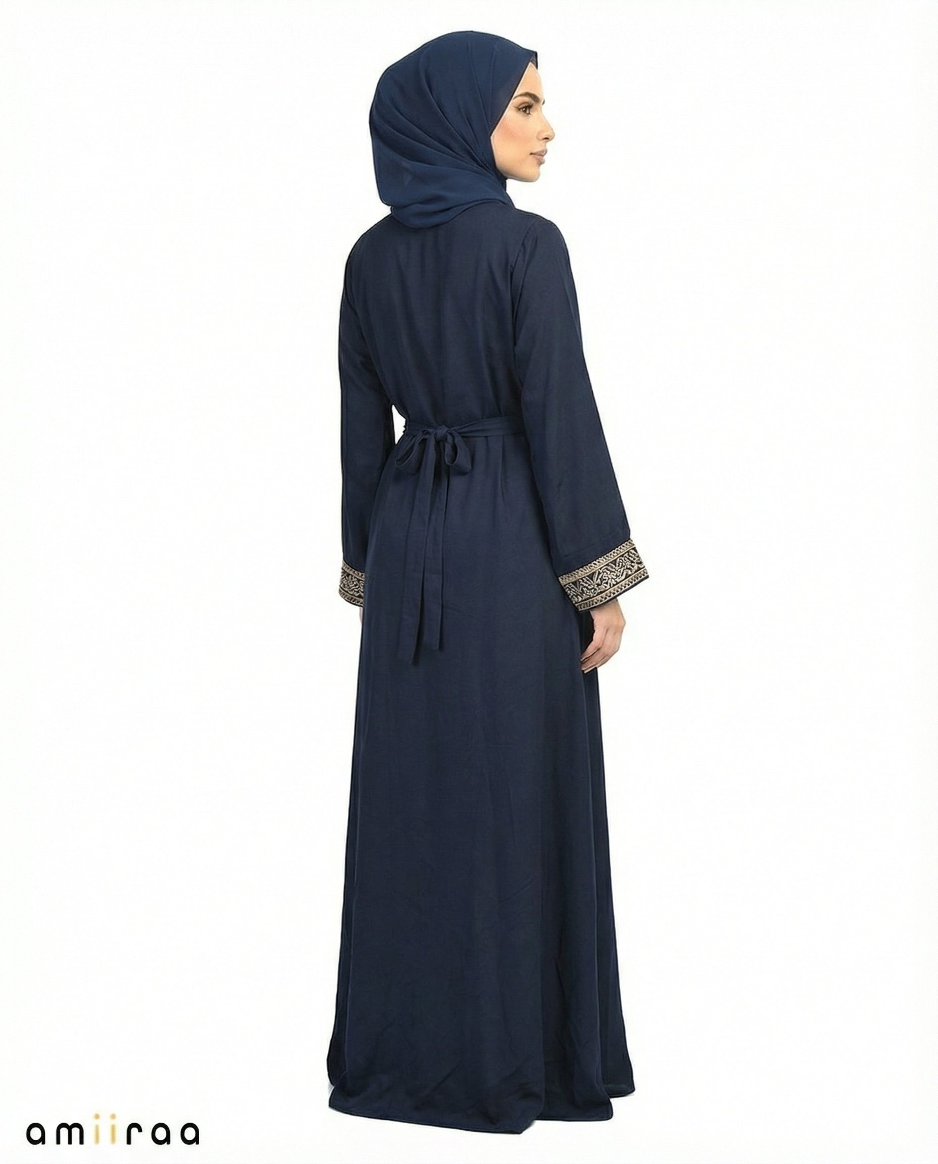 Navy Blazer Regal Gold Embroidered Panel Belted Abaya