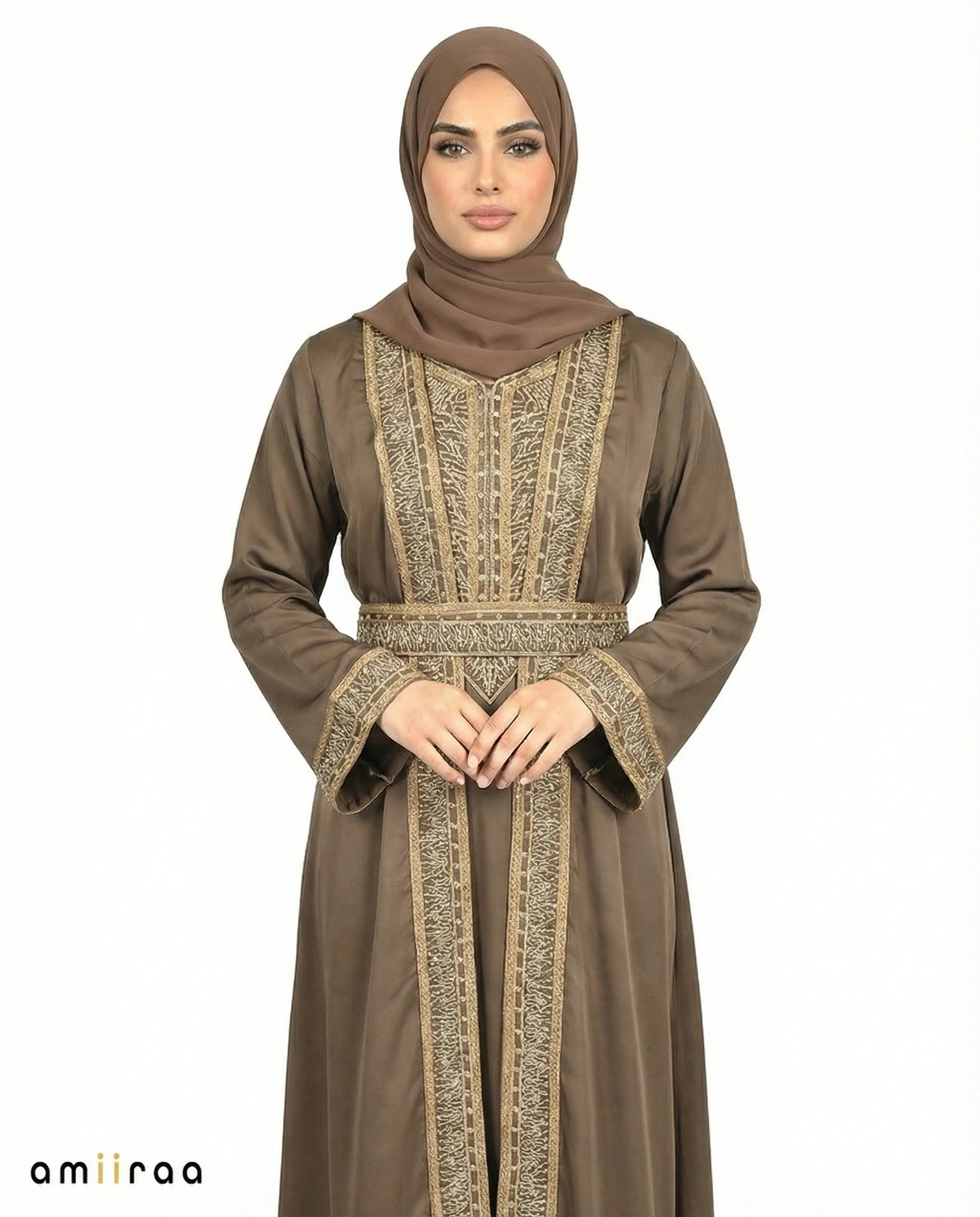 Antler Regal Gold Embroidered Panel Belted Abaya