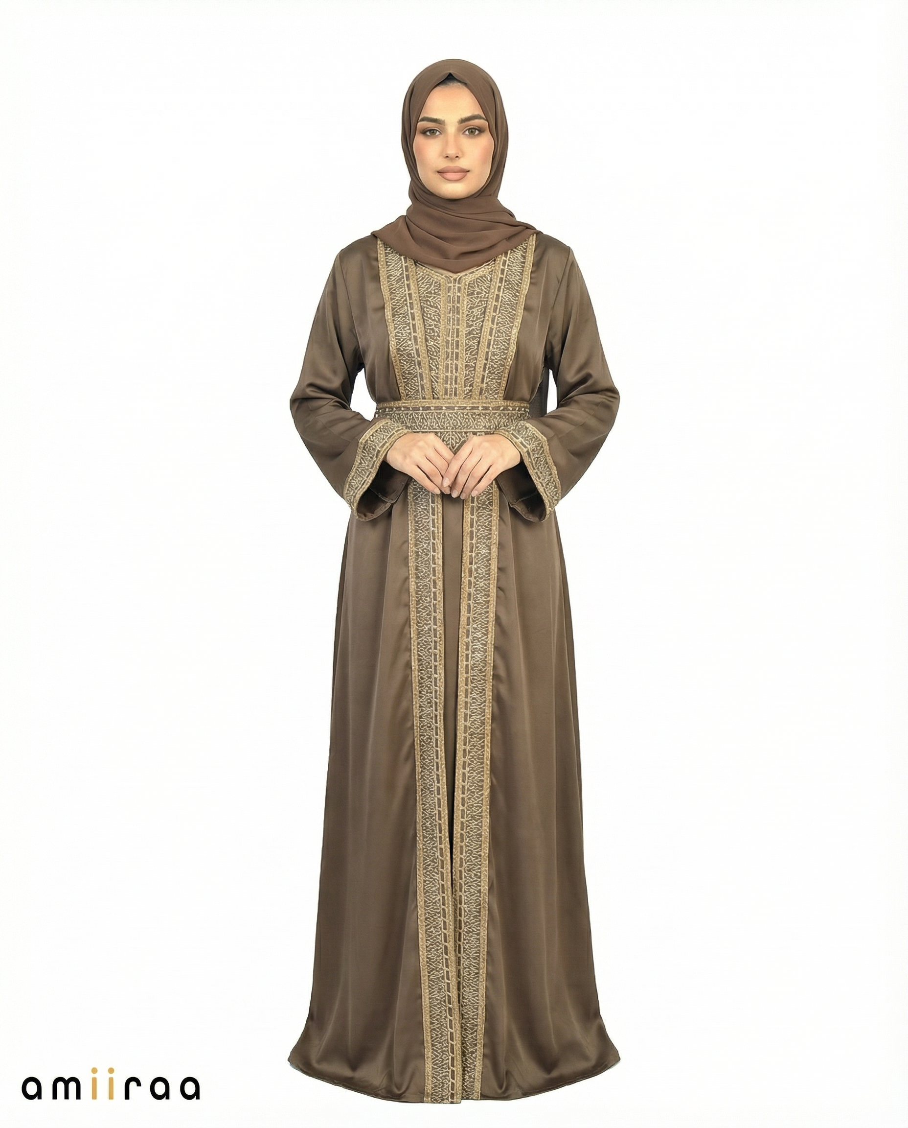 Antler Regal Gold Embroidered Panel Belted Abaya