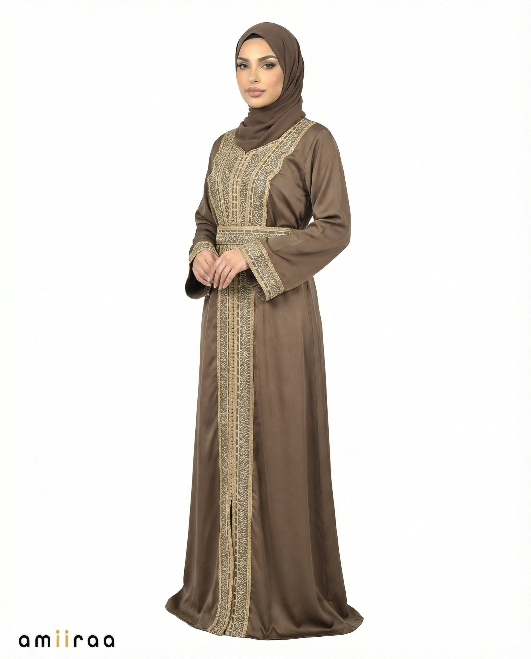 Antler Regal Gold Embroidered Panel Belted Abaya