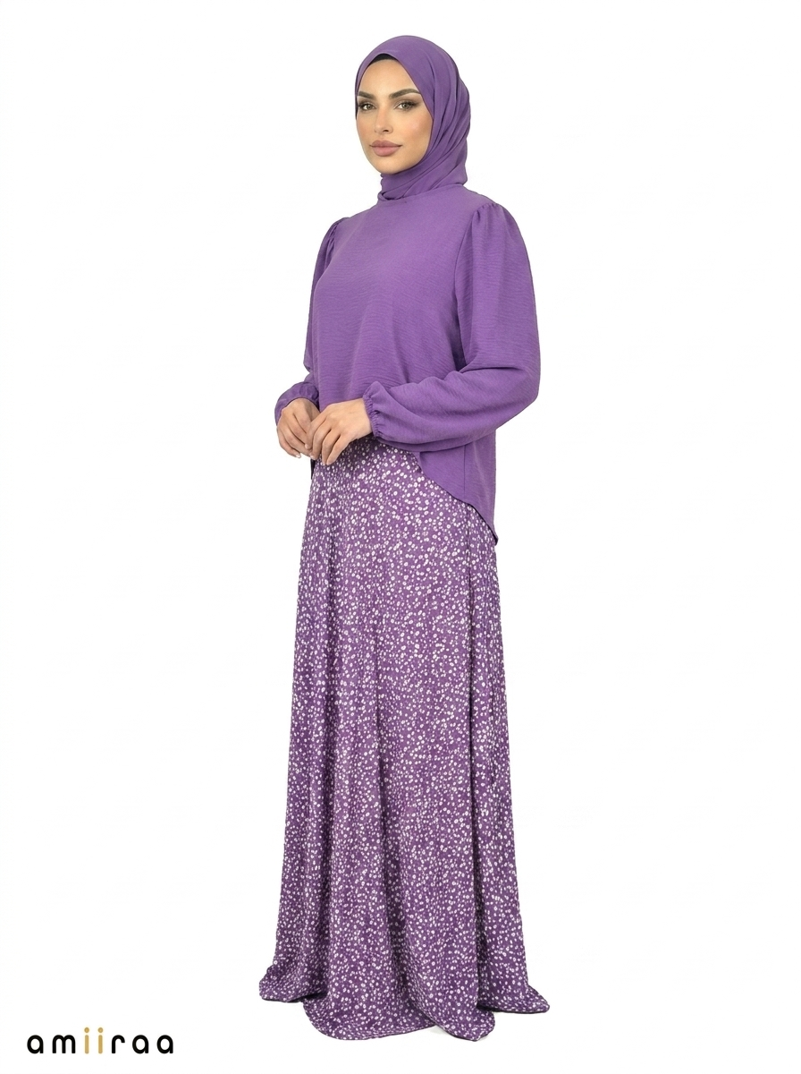 Deep Lavender Elegant Floral Maxi Skirt & Puff Sleeve Top Set