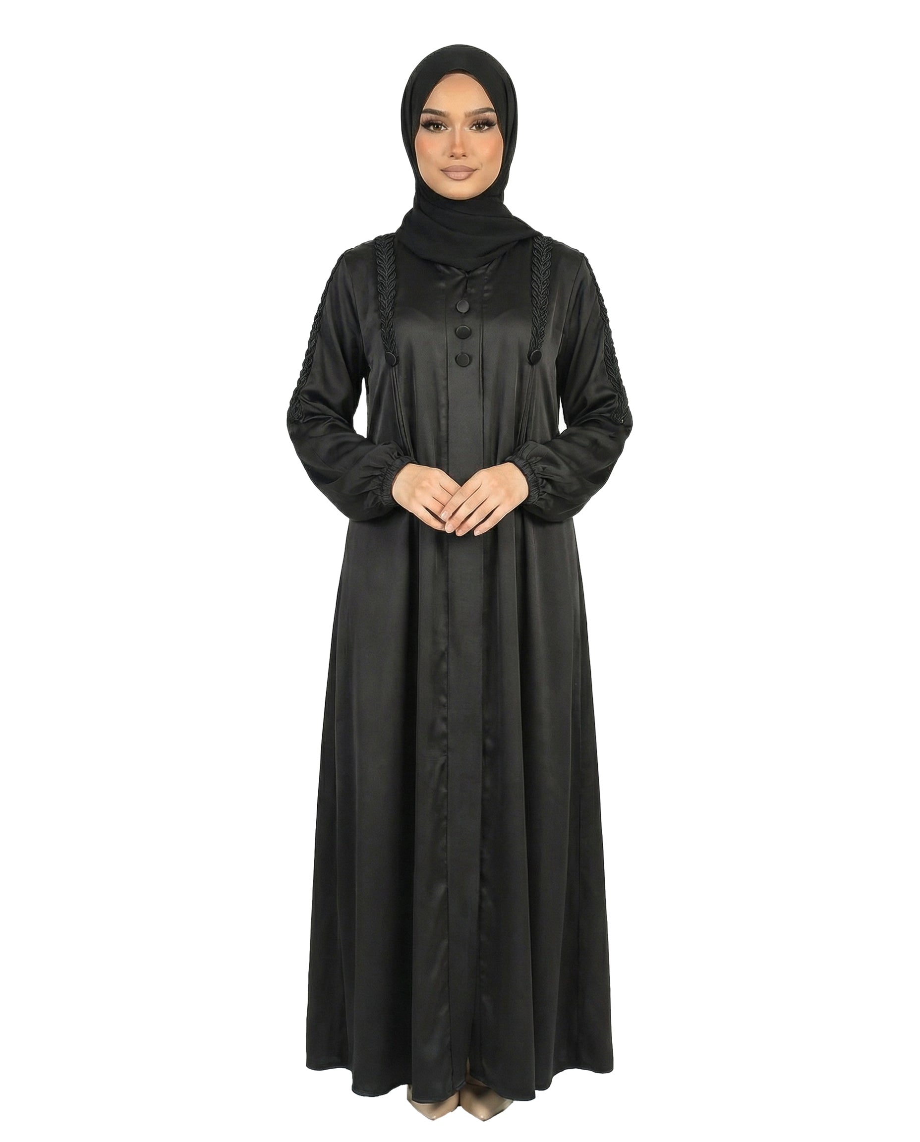 Button Detail Modest Abaya with Braided Trim - Tap Shoe