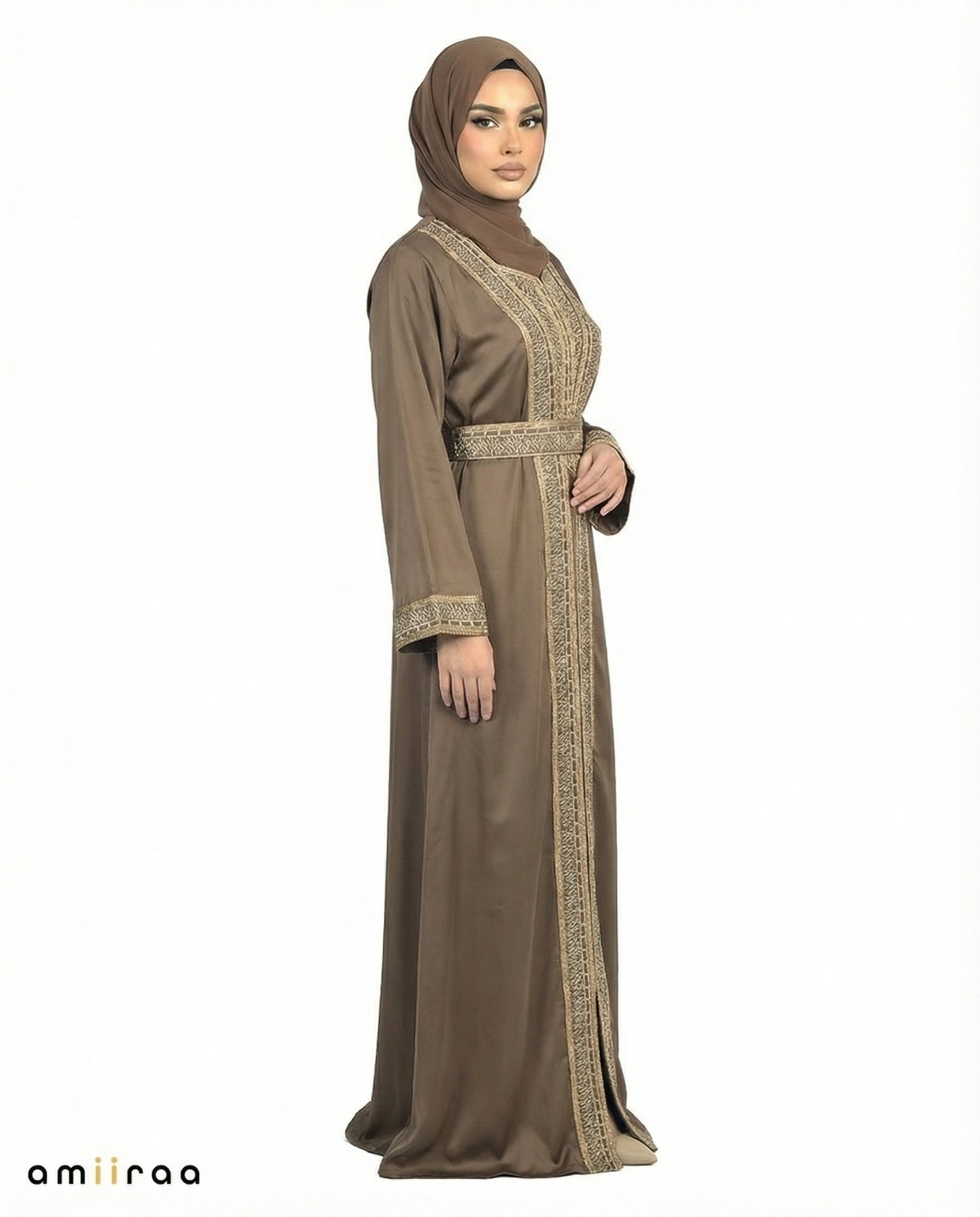 Antler Regal Gold Embroidered Panel Belted Abaya