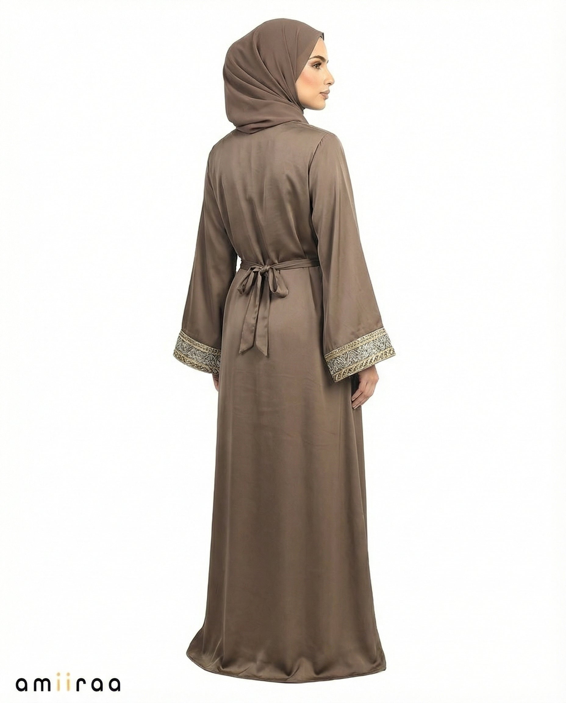 Antler Regal Gold Embroidered Panel Belted Abaya