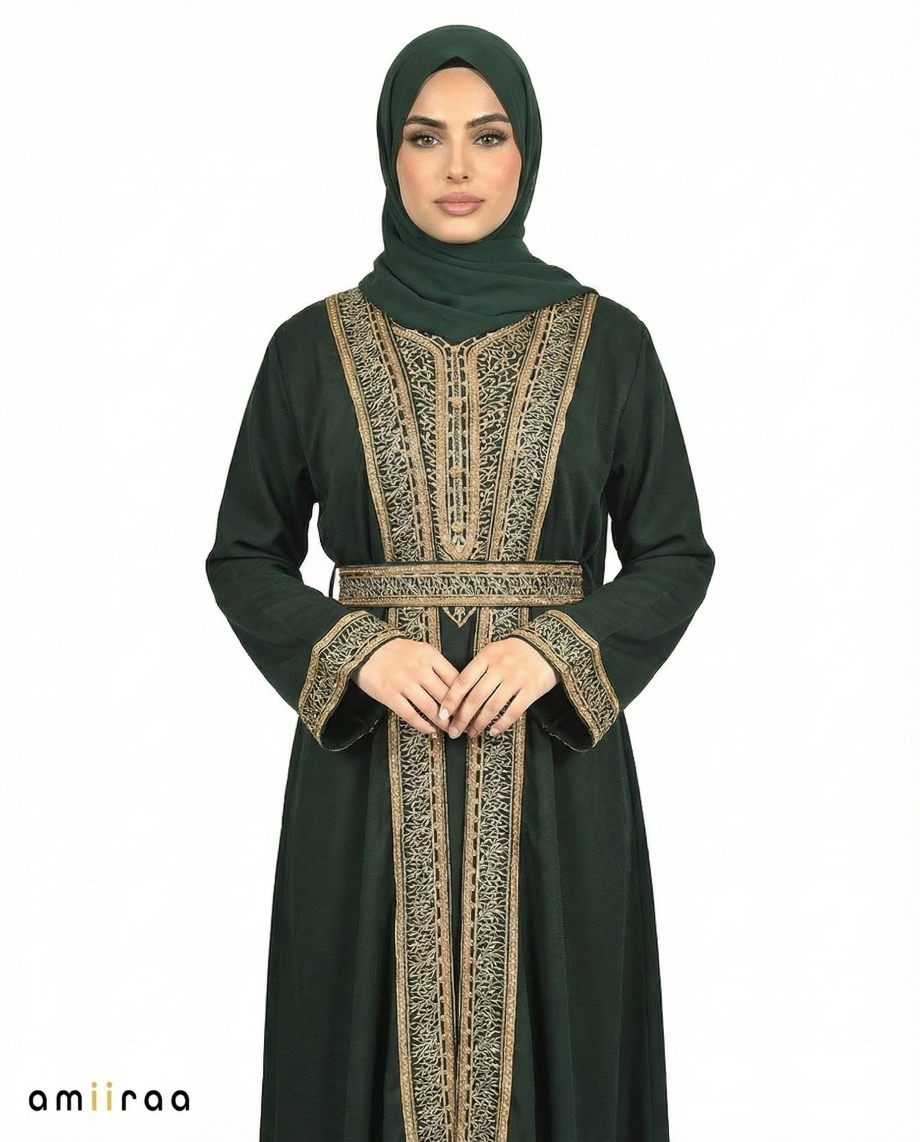 Pine Grove Regal Gold Embroidered Panel Belted Abaya
