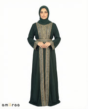 Pine Grove Regal Gold Embroidered Panel Belted Abaya