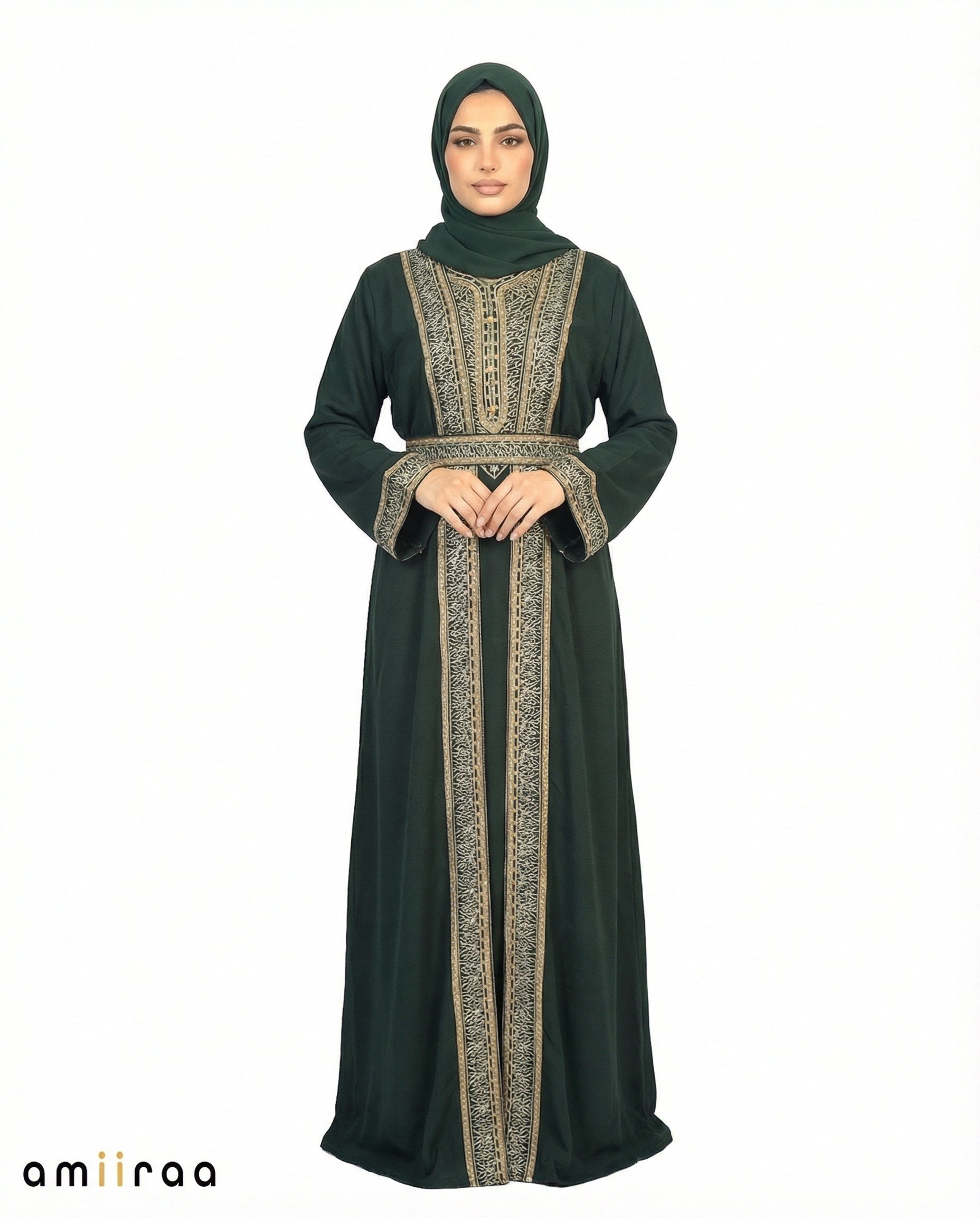 Pine Grove Regal Gold Embroidered Panel Belted Abaya
