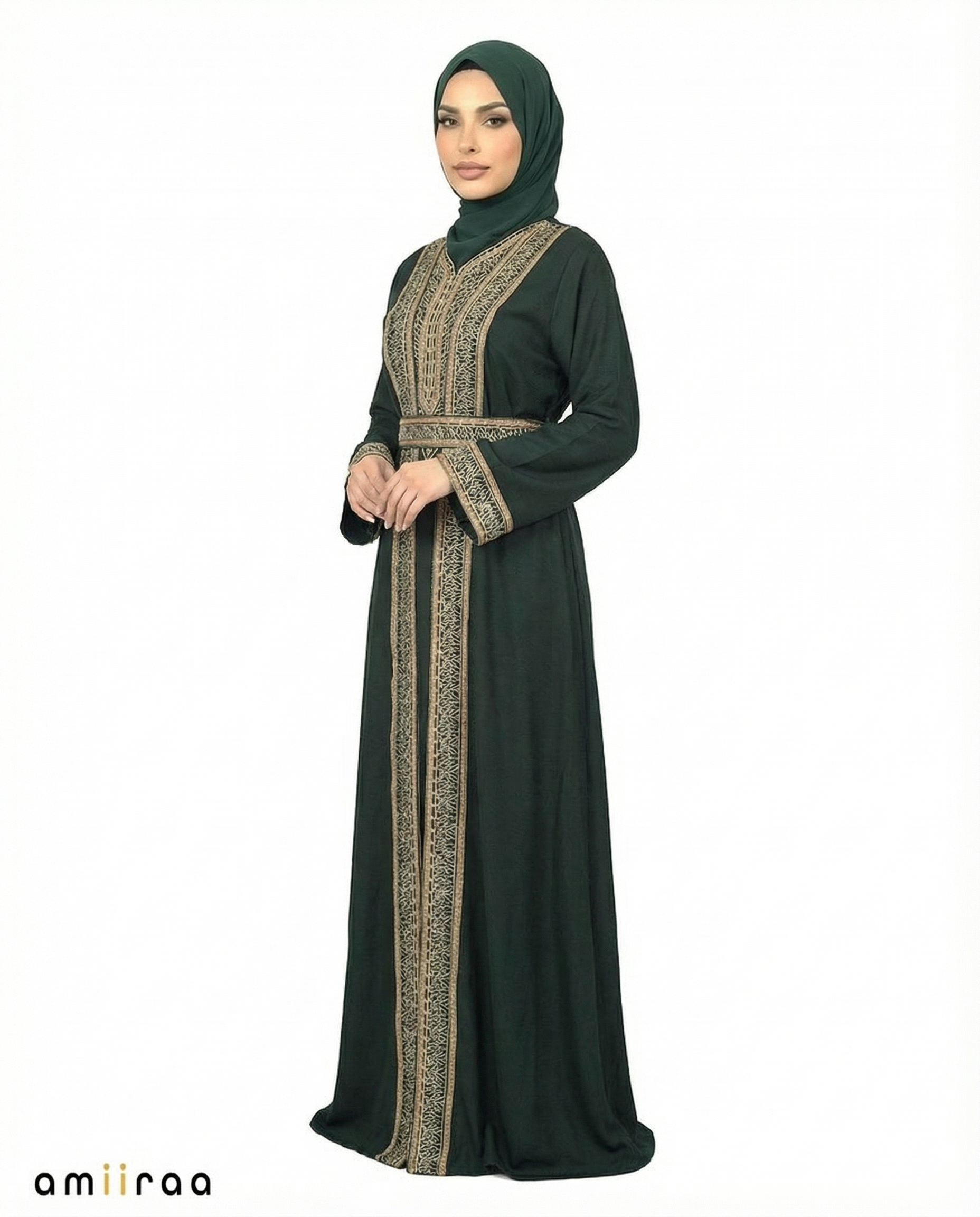 Pine Grove Regal Gold Embroidered Panel Belted Abaya