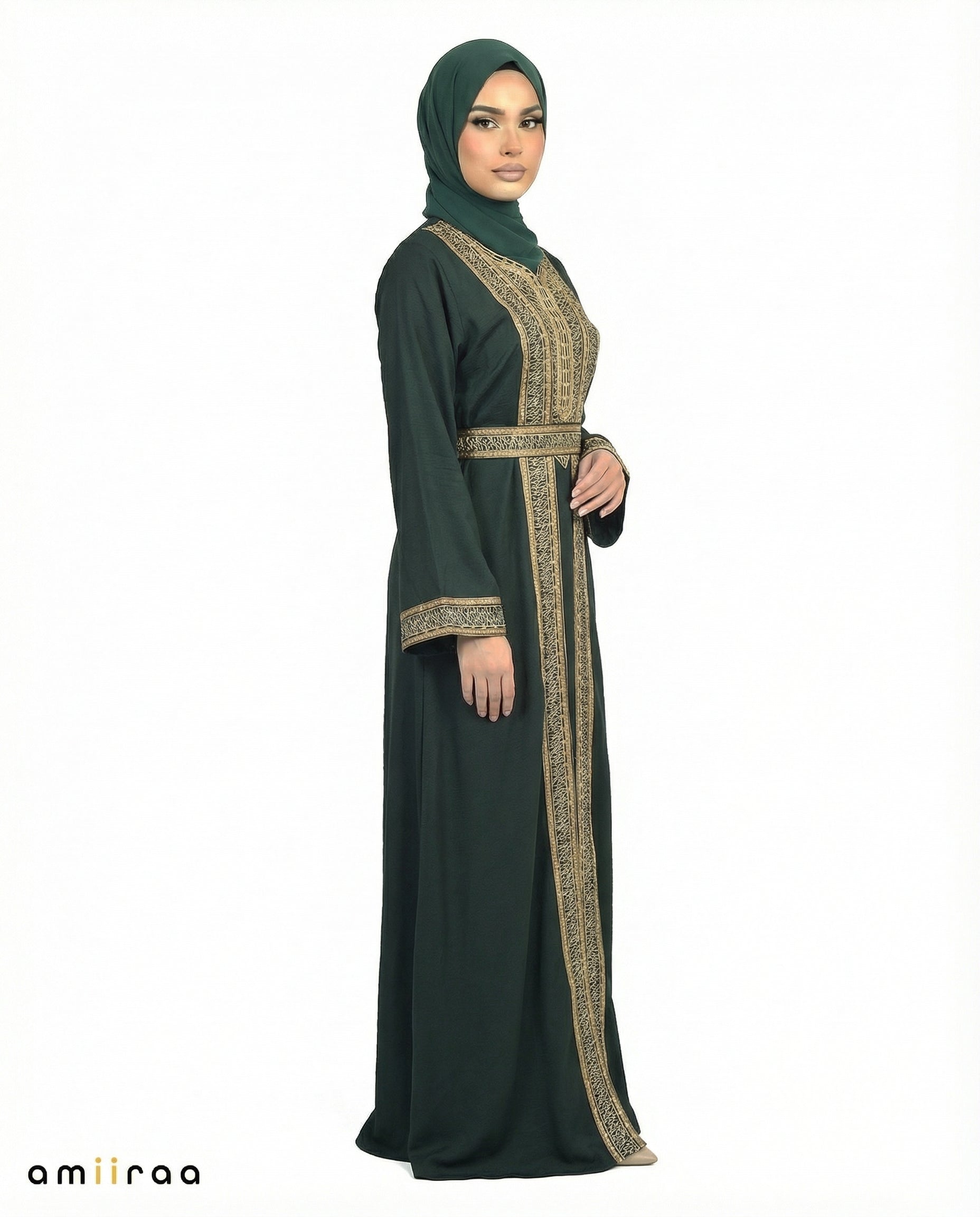 Pine Grove Regal Gold Embroidered Panel Belted Abaya