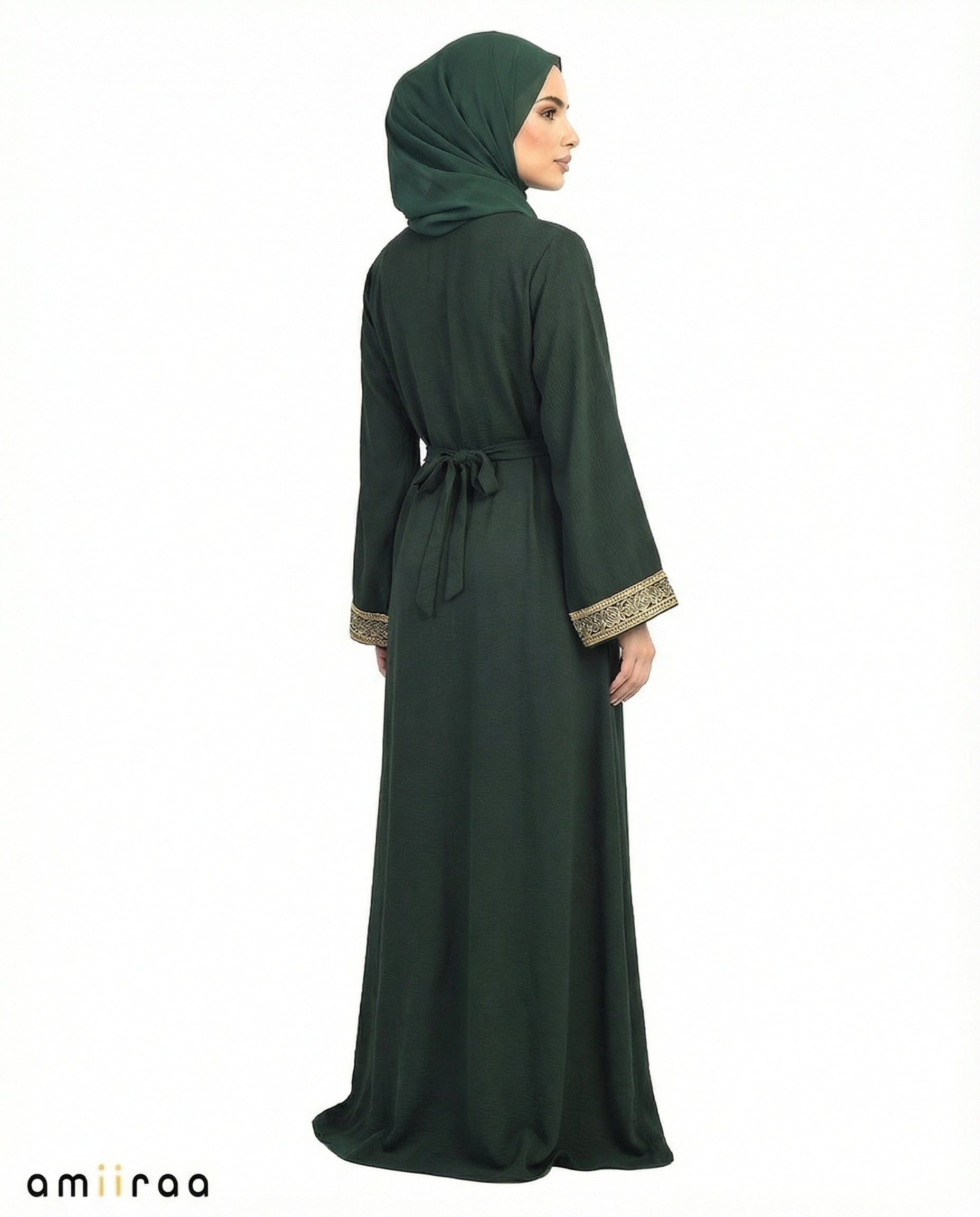 Pine Grove Regal Gold Embroidered Panel Belted Abaya