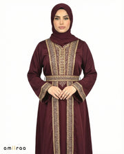 Raspberry Radiance Regal Gold Embroidered Panel Belted Abaya