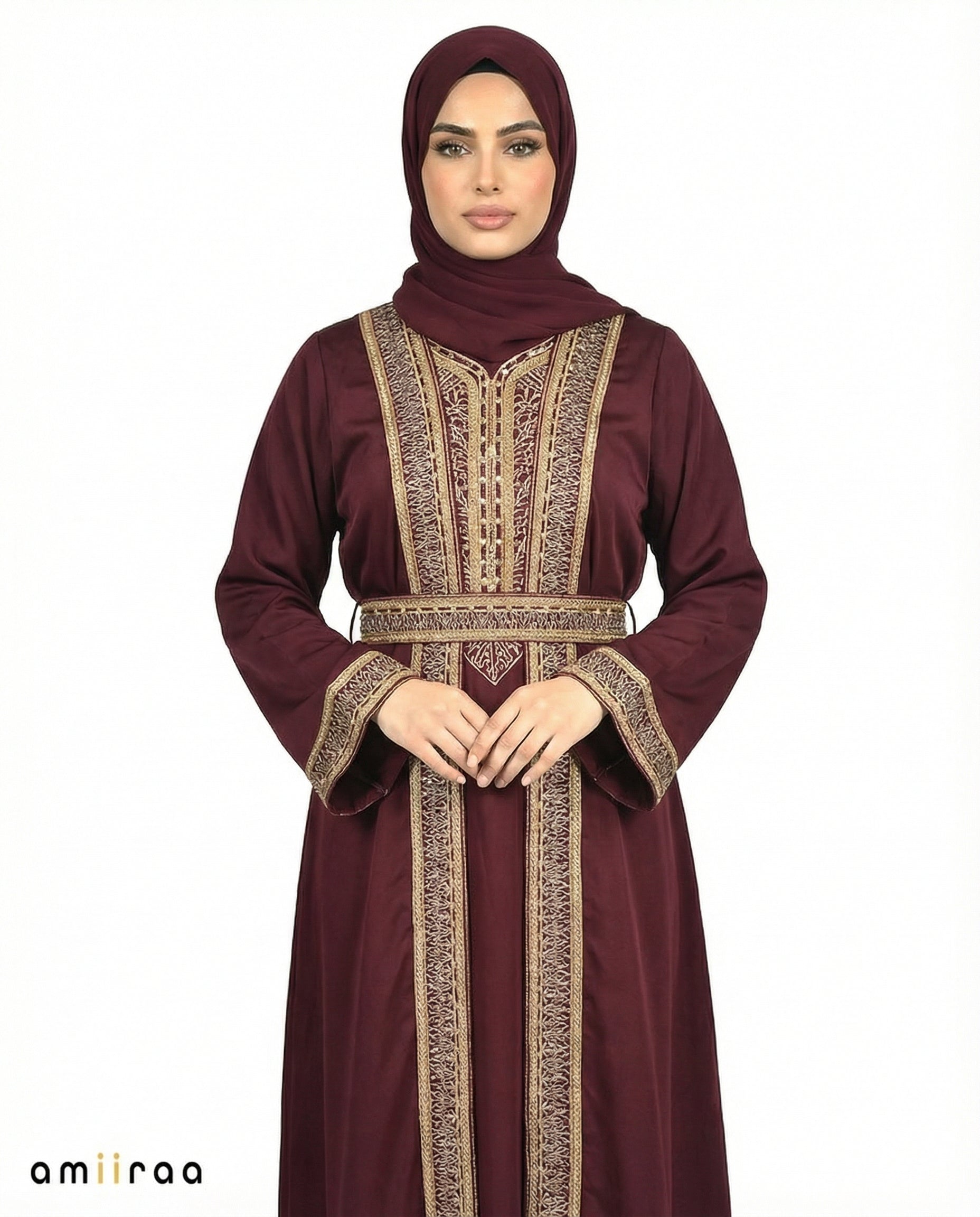 Raspberry Radiance Regal Gold Embroidered Panel Belted Abaya