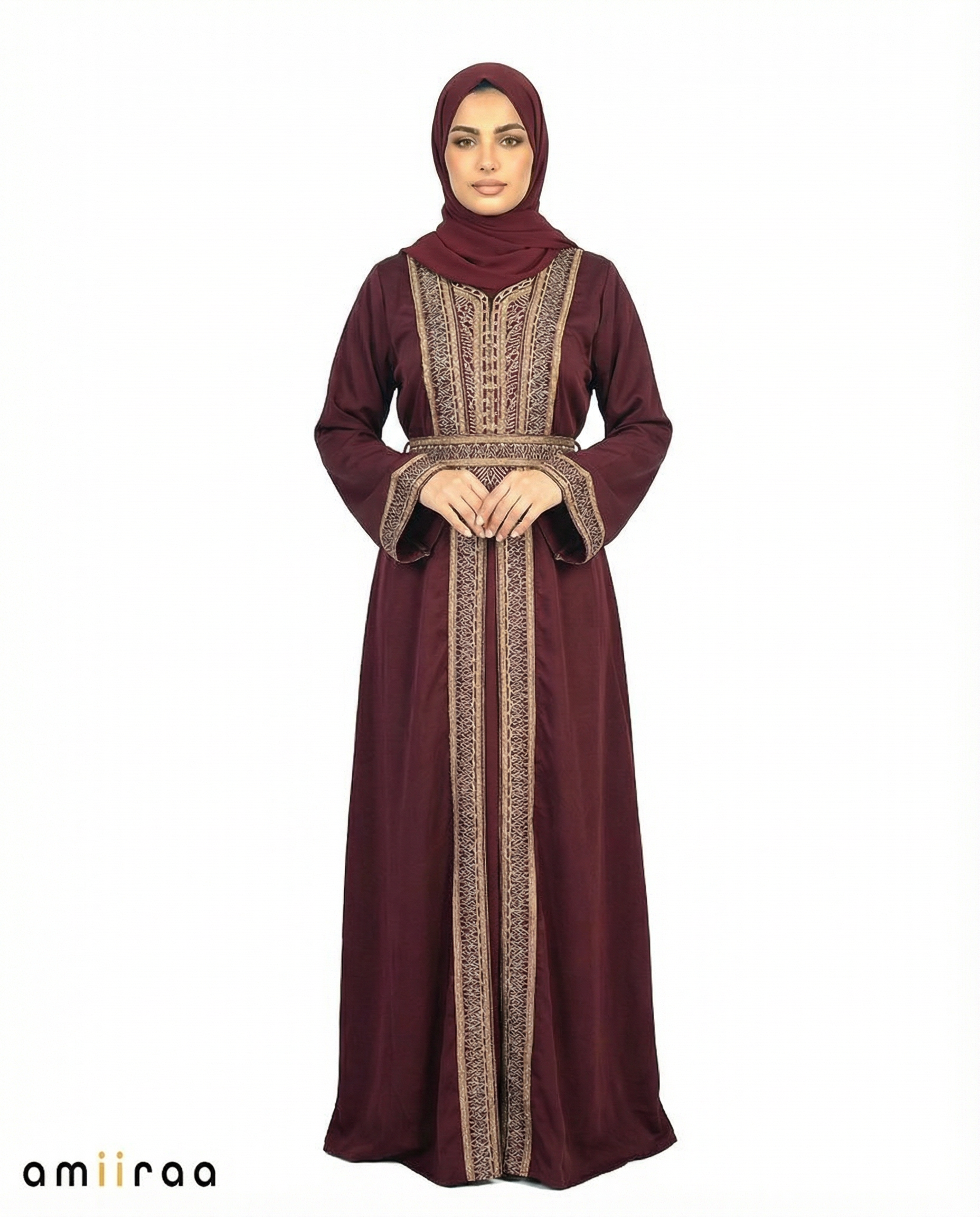 Raspberry Radiance Regal Gold Embroidered Panel Belted Abaya
