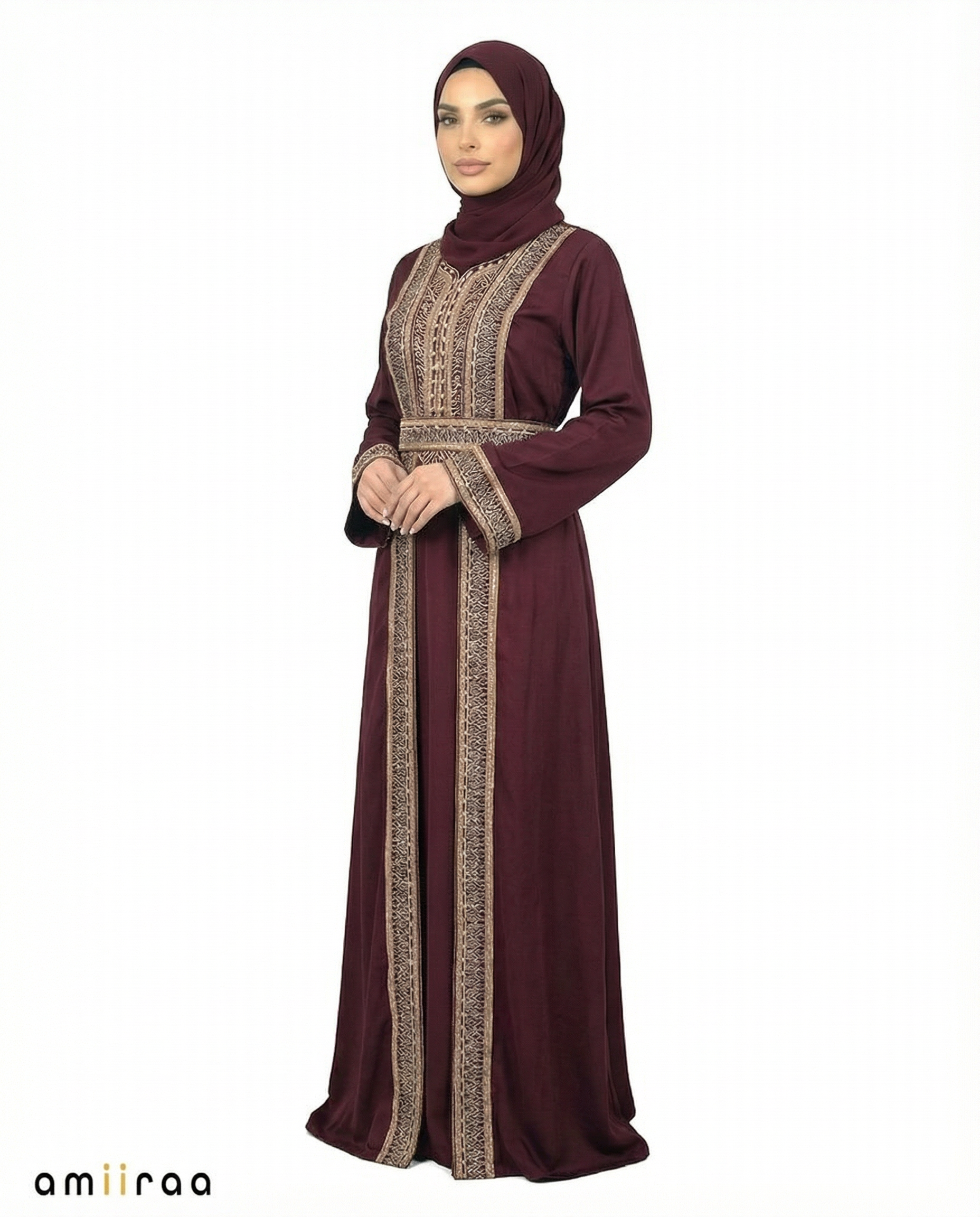 Raspberry Radiance Regal Gold Embroidered Panel Belted Abaya
