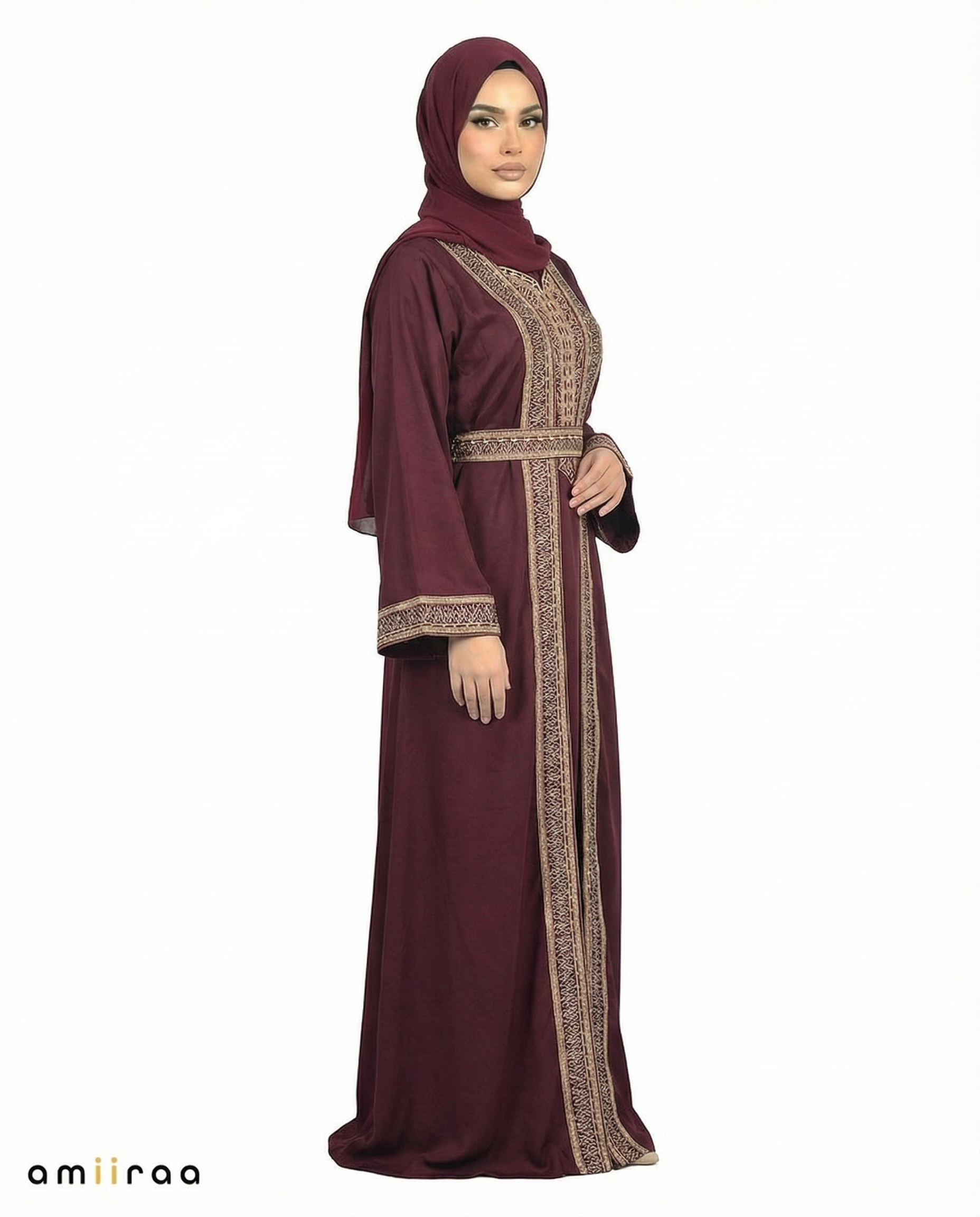 Raspberry Radiance Regal Gold Embroidered Panel Belted Abaya