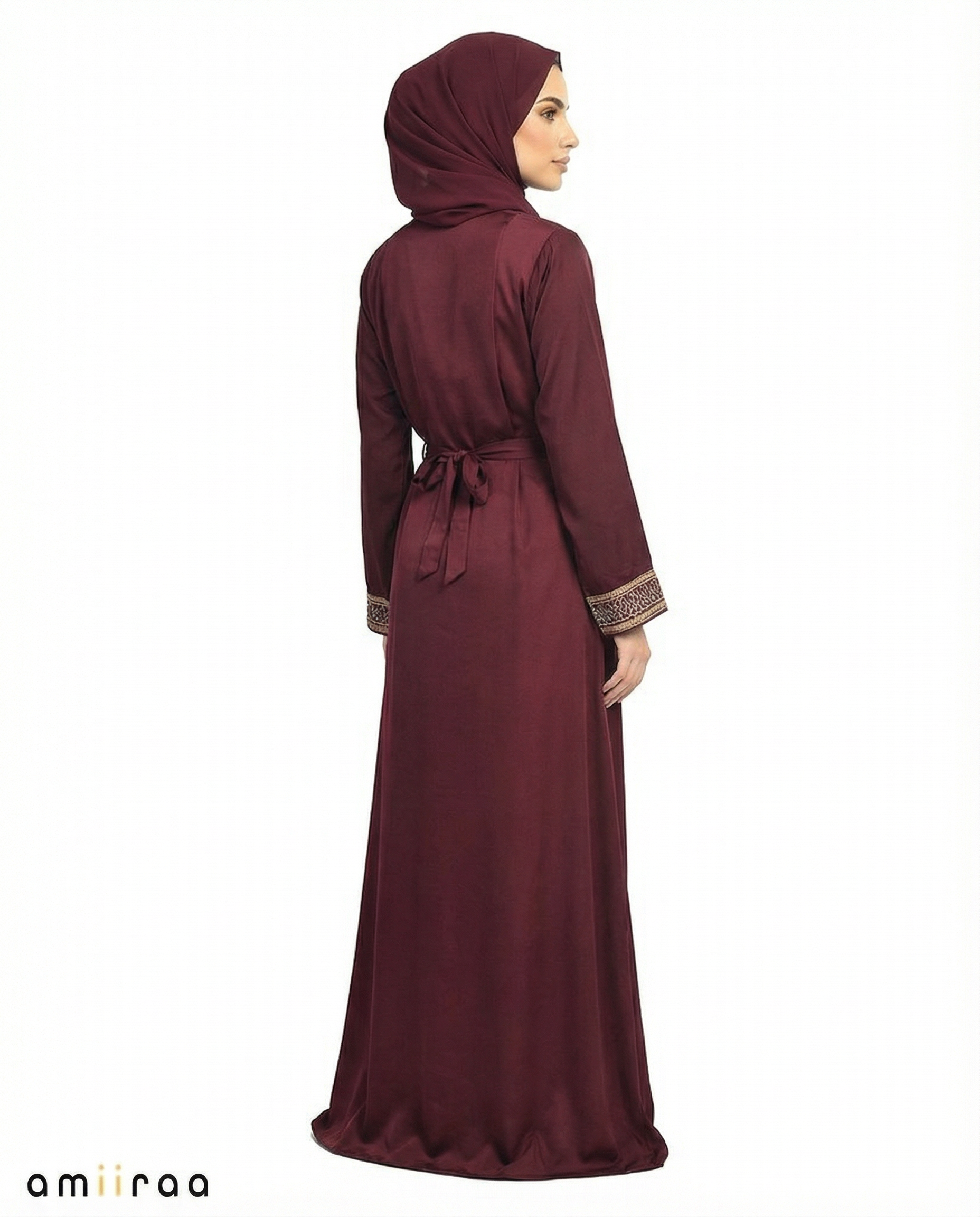 Raspberry Radiance Regal Gold Embroidered Panel Belted Abaya