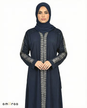 Navy Blazer Luxe Beaded Lace Yoke Embroidered Tassel Abaya