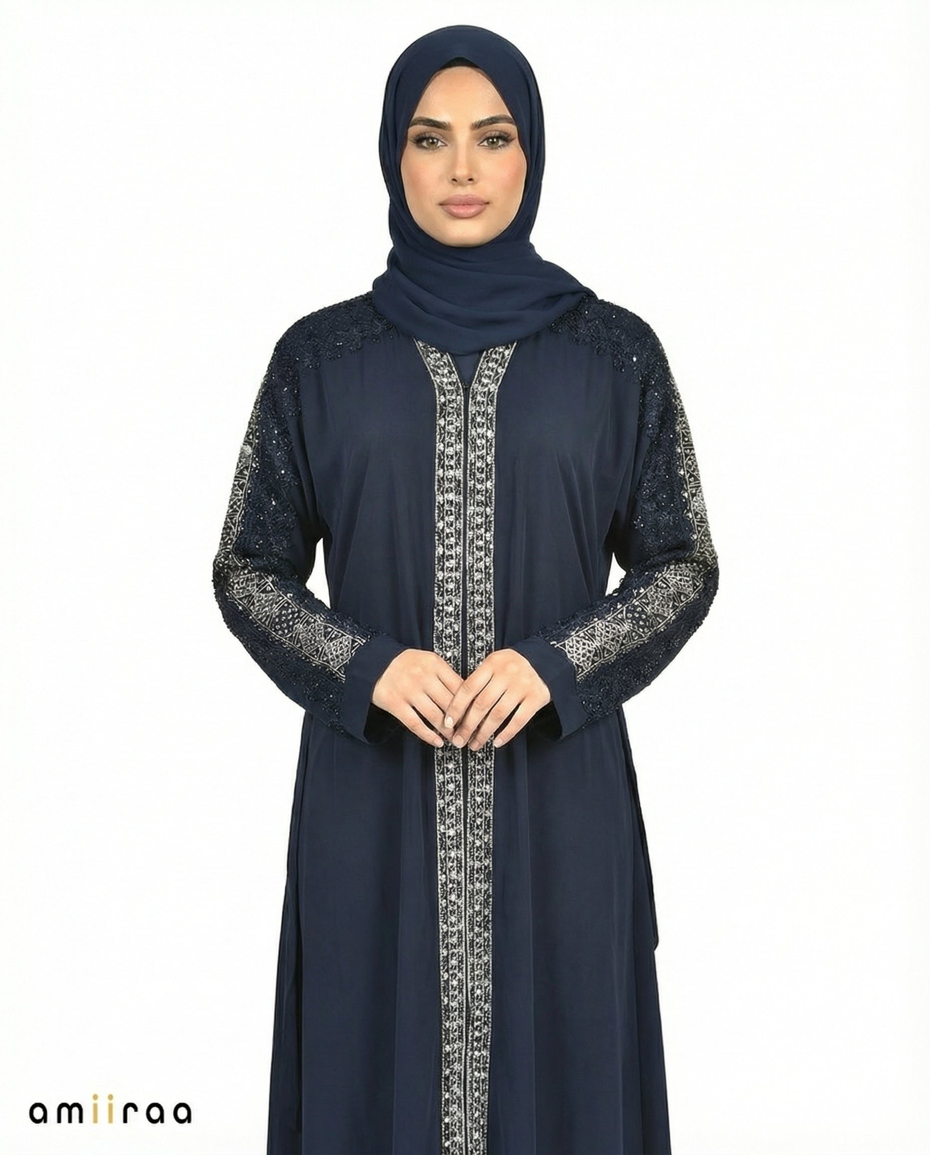 Navy Blazer Luxe Beaded Lace Yoke Embroidered Tassel Abaya