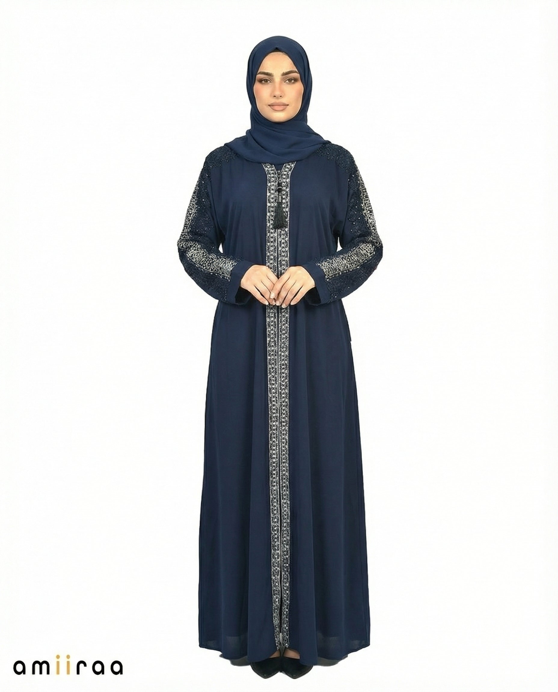 Navy Blazer Luxe Beaded Lace Yoke Embroidered Tassel Abaya