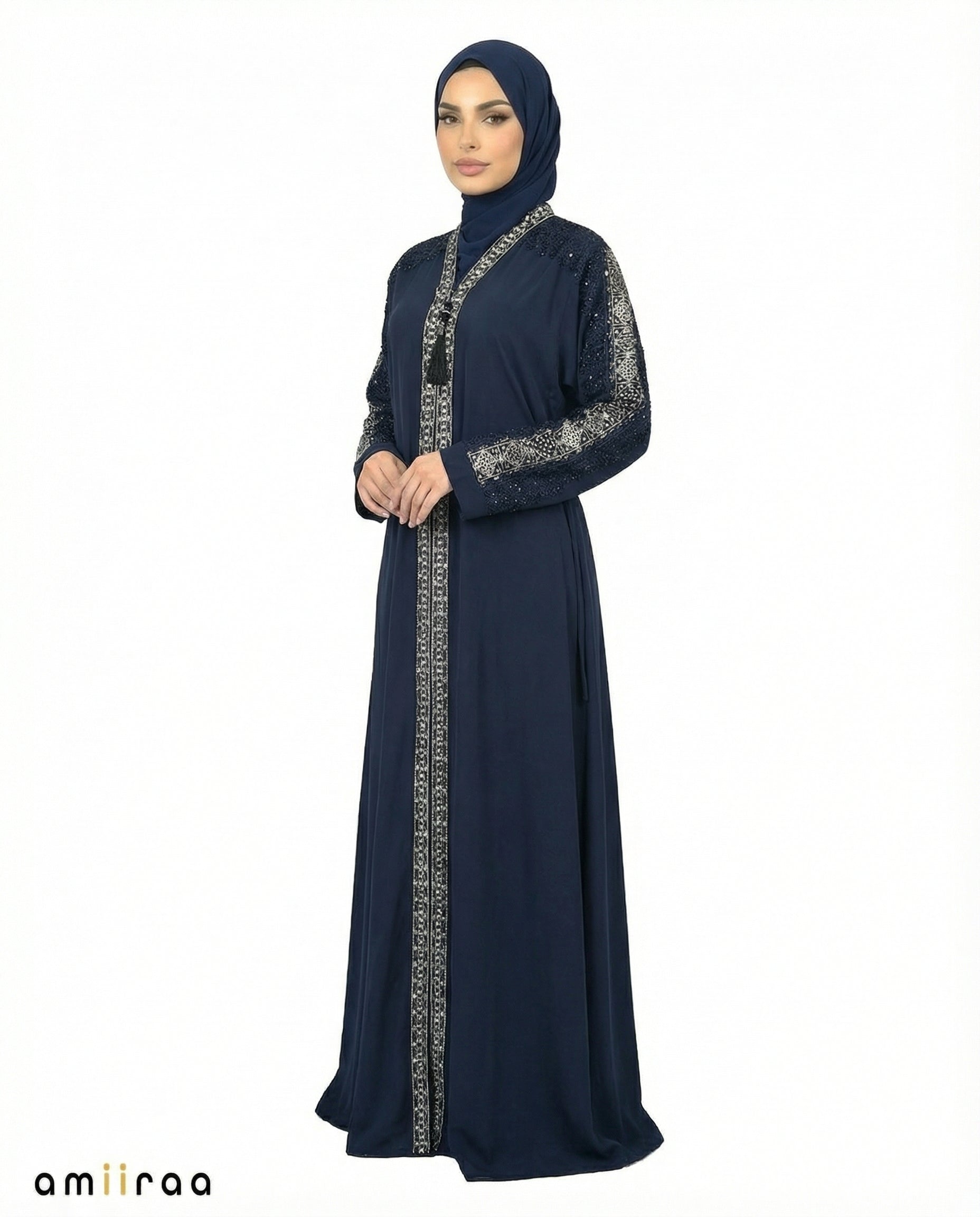 Navy Blazer Luxe Beaded Lace Yoke Embroidered Tassel Abaya