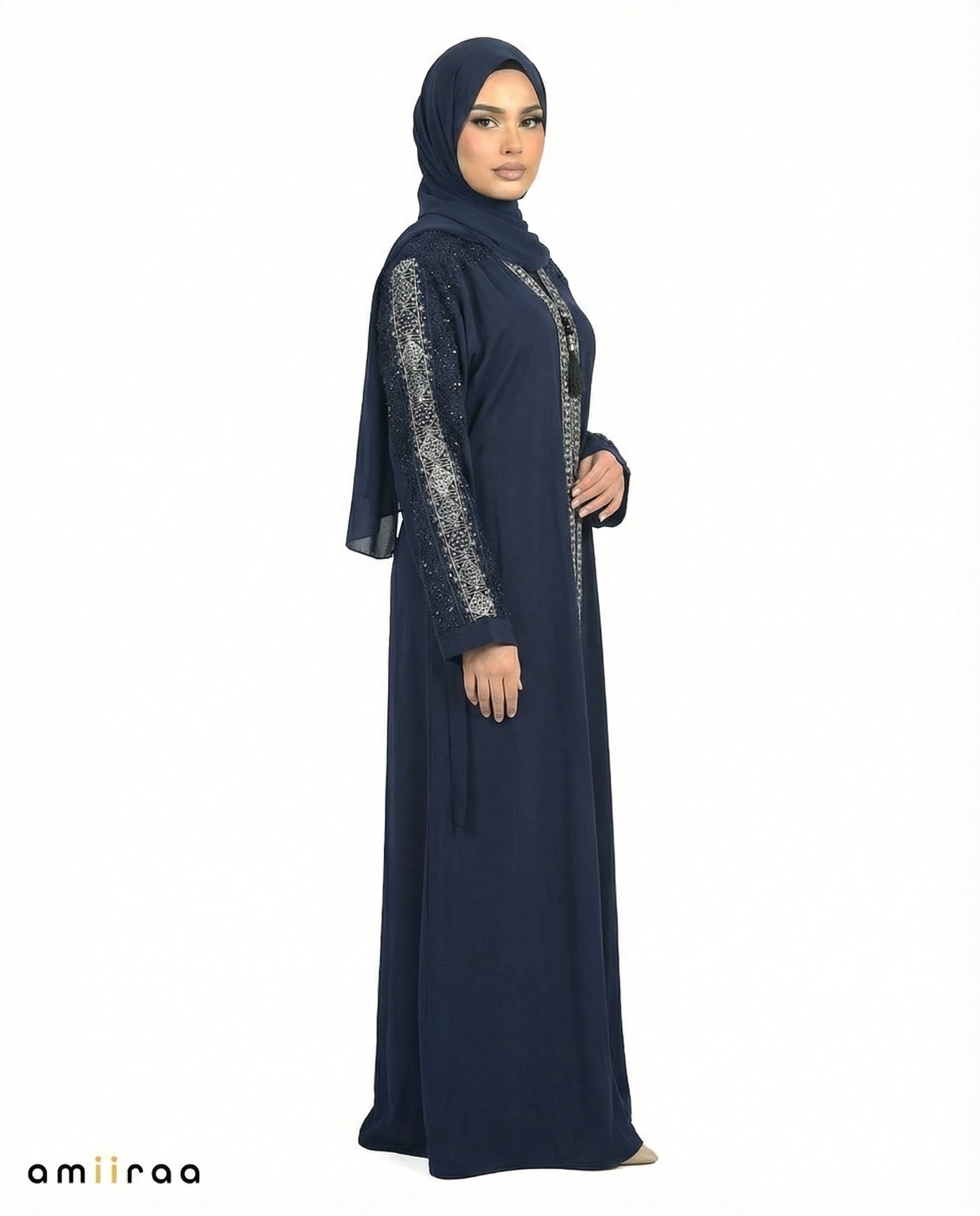 Navy Blazer Luxe Beaded Lace Yoke Embroidered Tassel Abaya