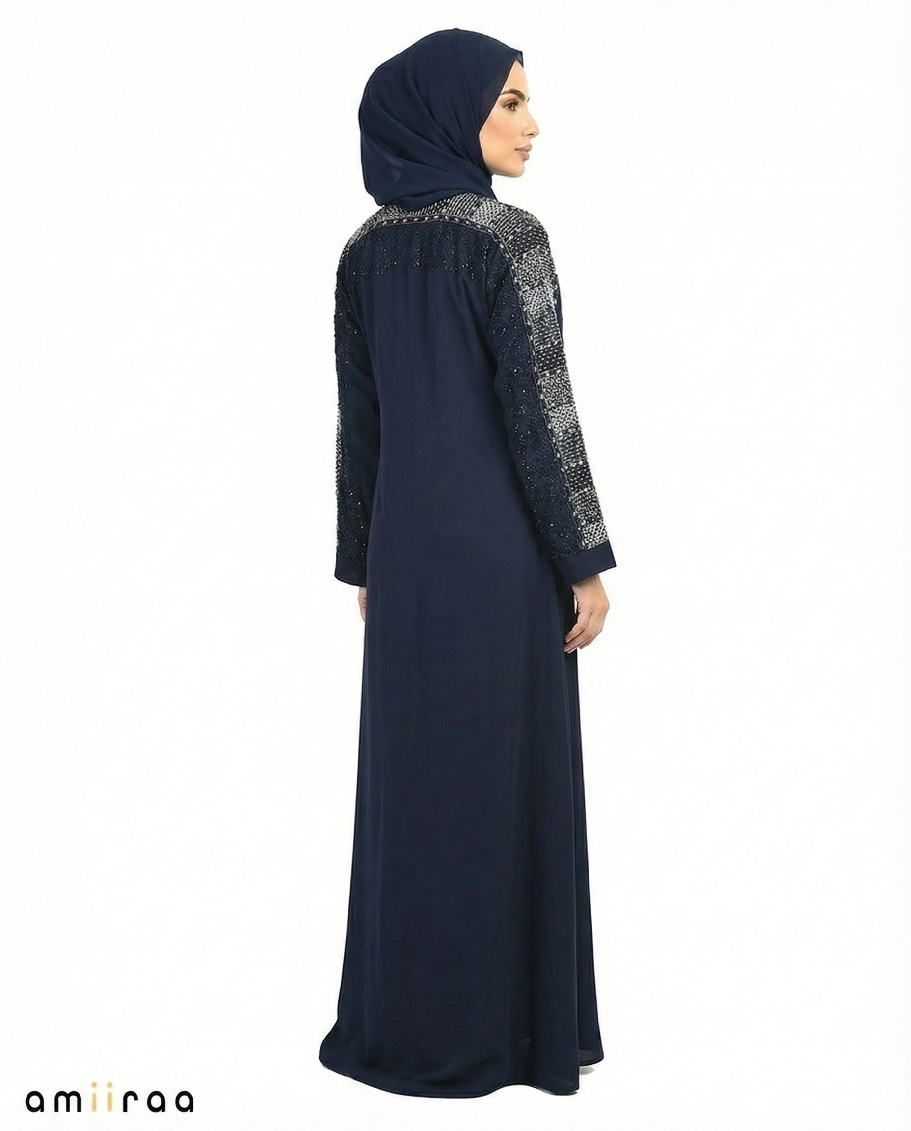 Navy Blazer Luxe Beaded Lace Yoke Embroidered Tassel Abaya