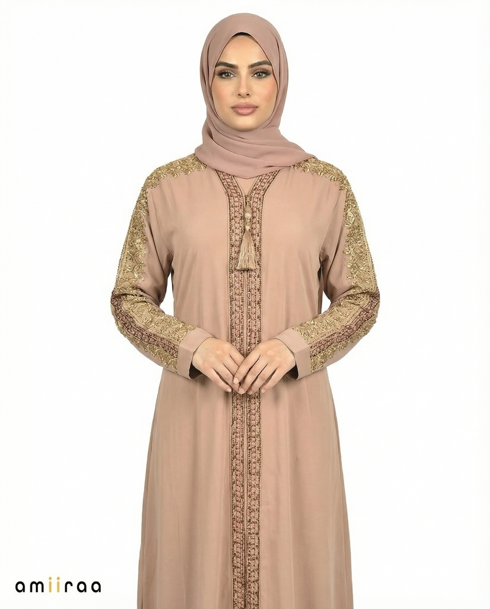 Silver Sage Luxe Beaded Lace Yoke Embroidered Tassel Abaya