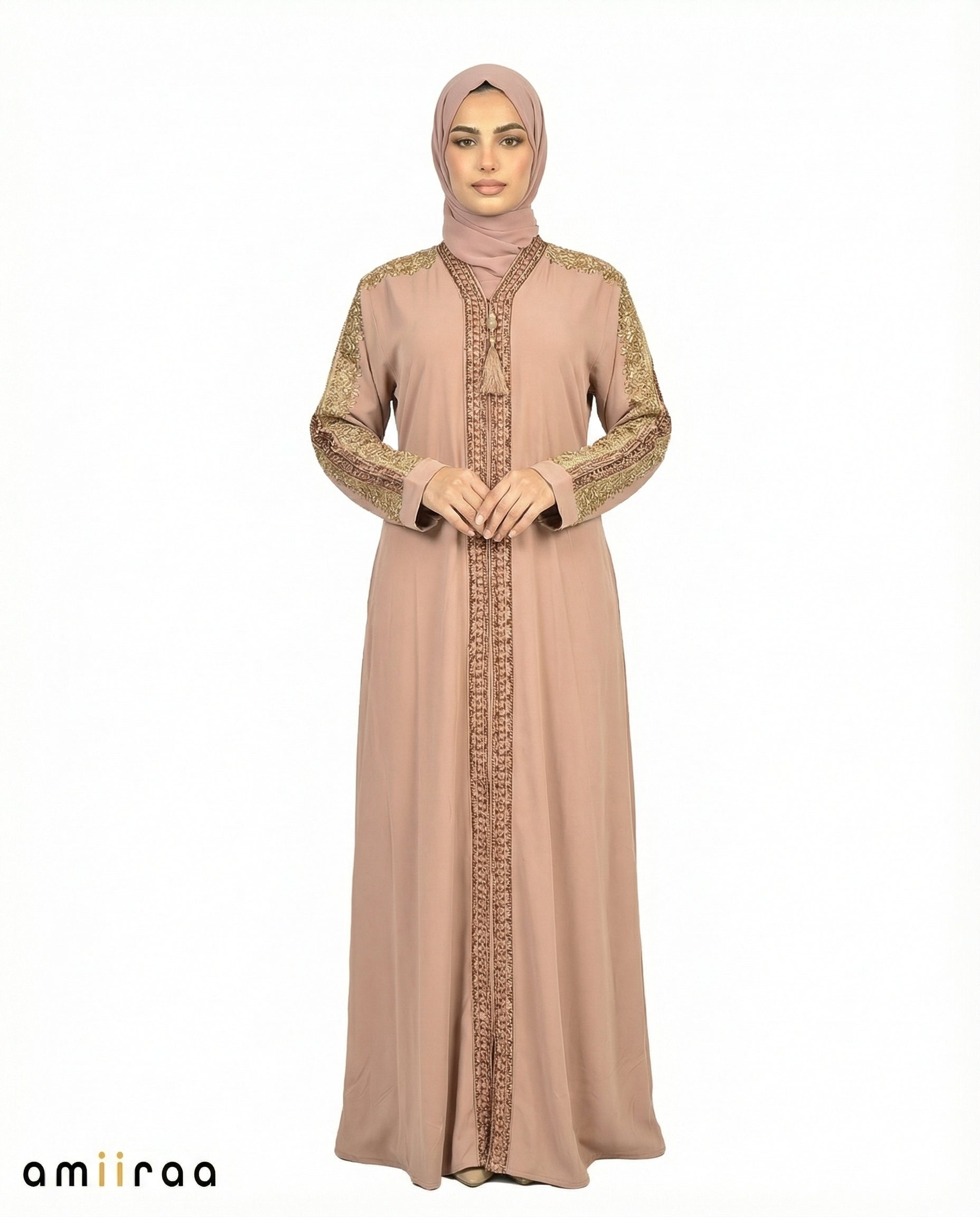 Silver Sage Luxe Beaded Lace Yoke Embroidered Tassel Abaya