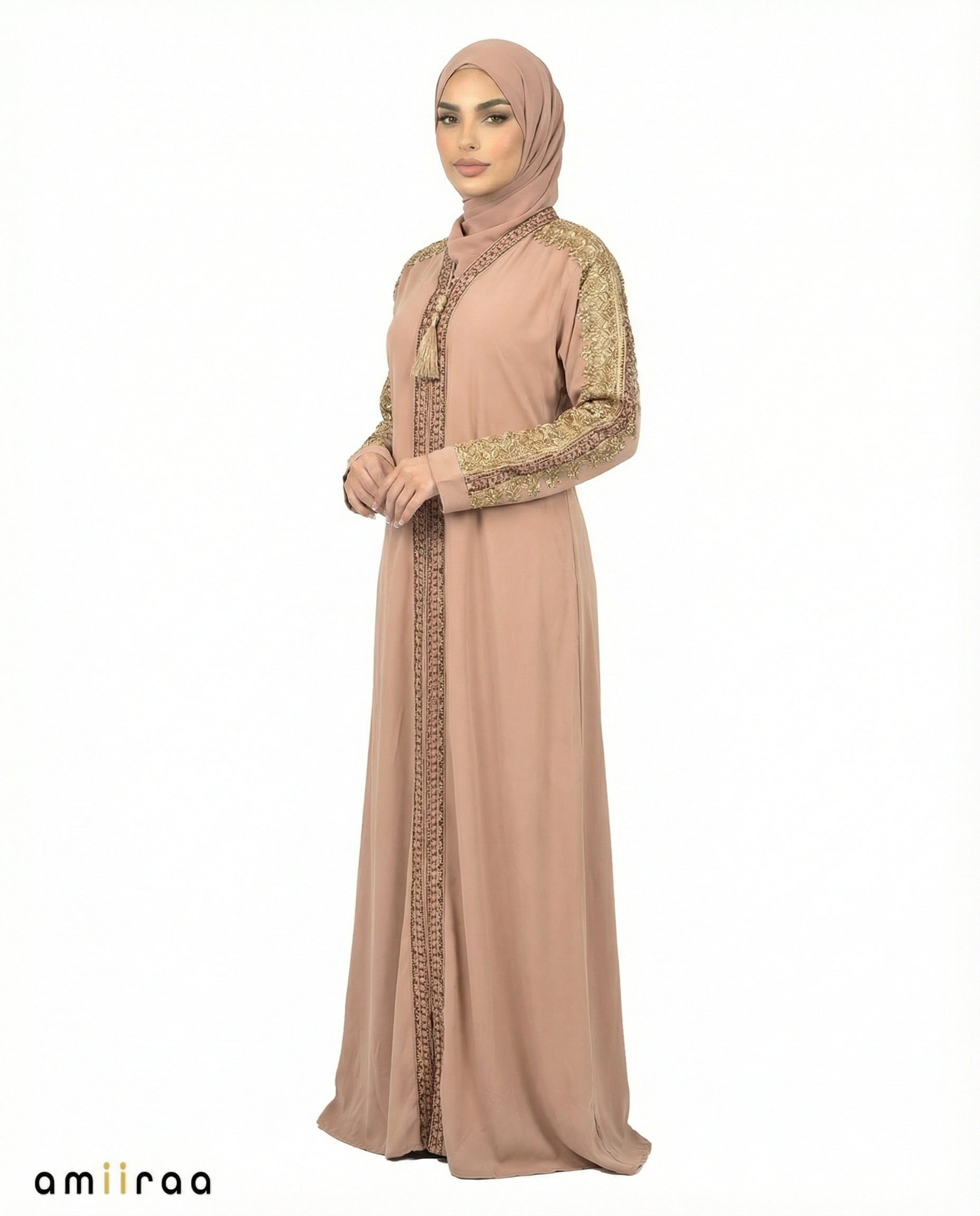 Silver Sage Luxe Beaded Lace Yoke Embroidered Tassel Abaya
