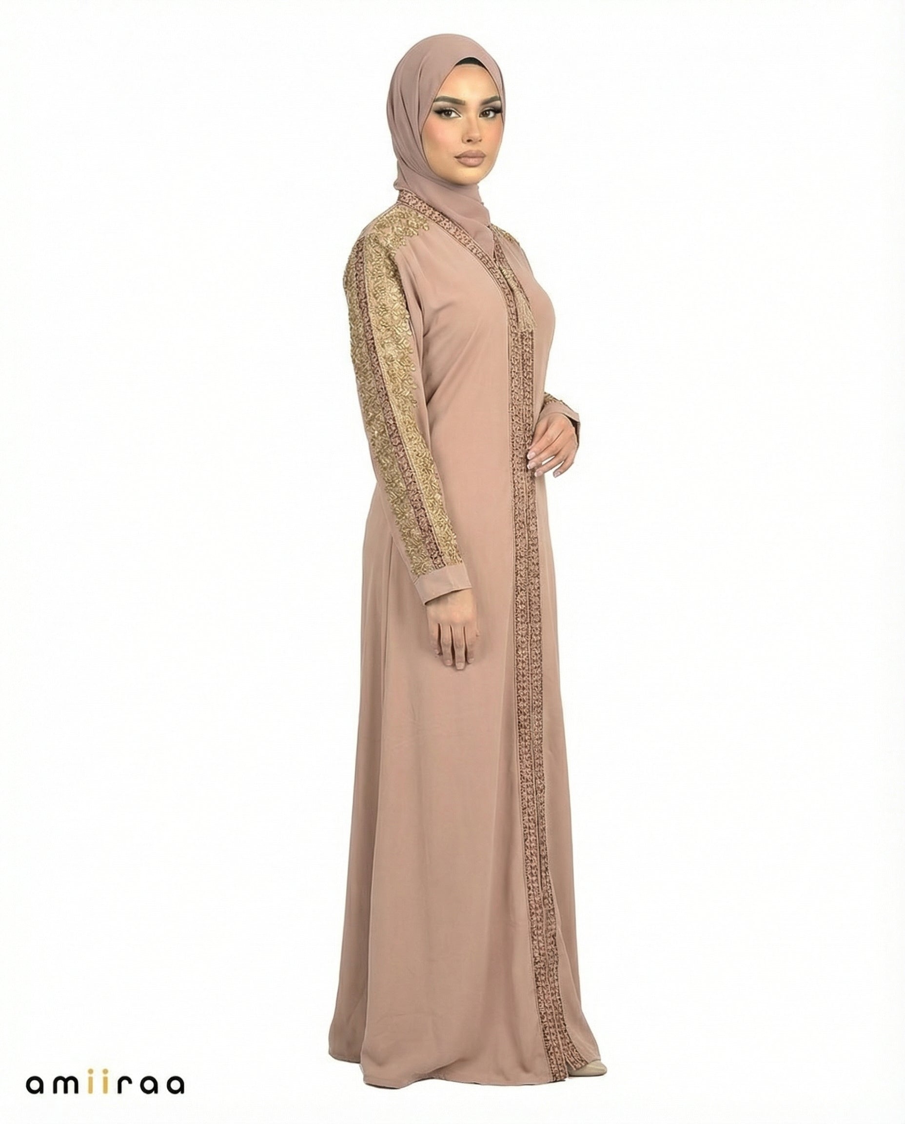 Silver Sage Luxe Beaded Lace Yoke Embroidered Tassel Abaya